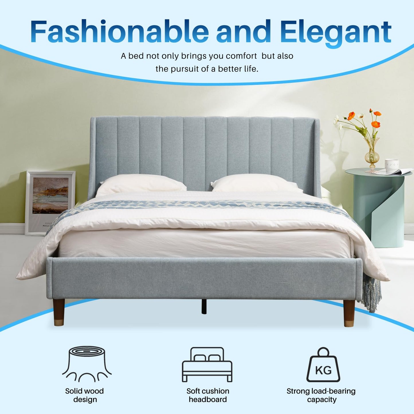 YUHUASHI Queen Size Bed Frame with Linen Fabric Twin Wingback Headboard, Upholstered Platform Bed with Wooden Slat Support, Noiseless, No Box Spring Required (Light Blue, Queen)
