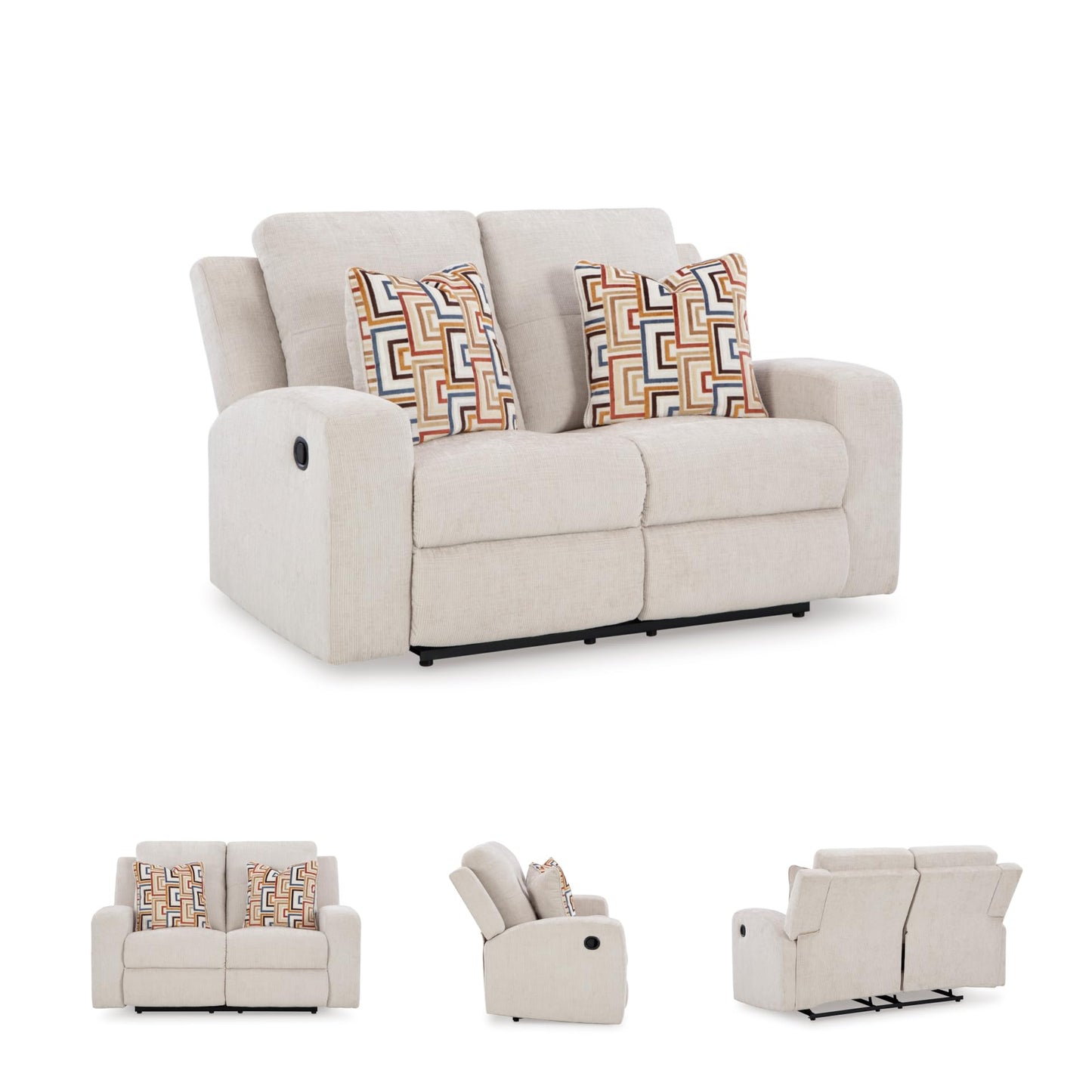 Signature Design by Ashley Danum Modern Tufted Manual Reclining Loveseat with 2 Accent Pillows, Beige