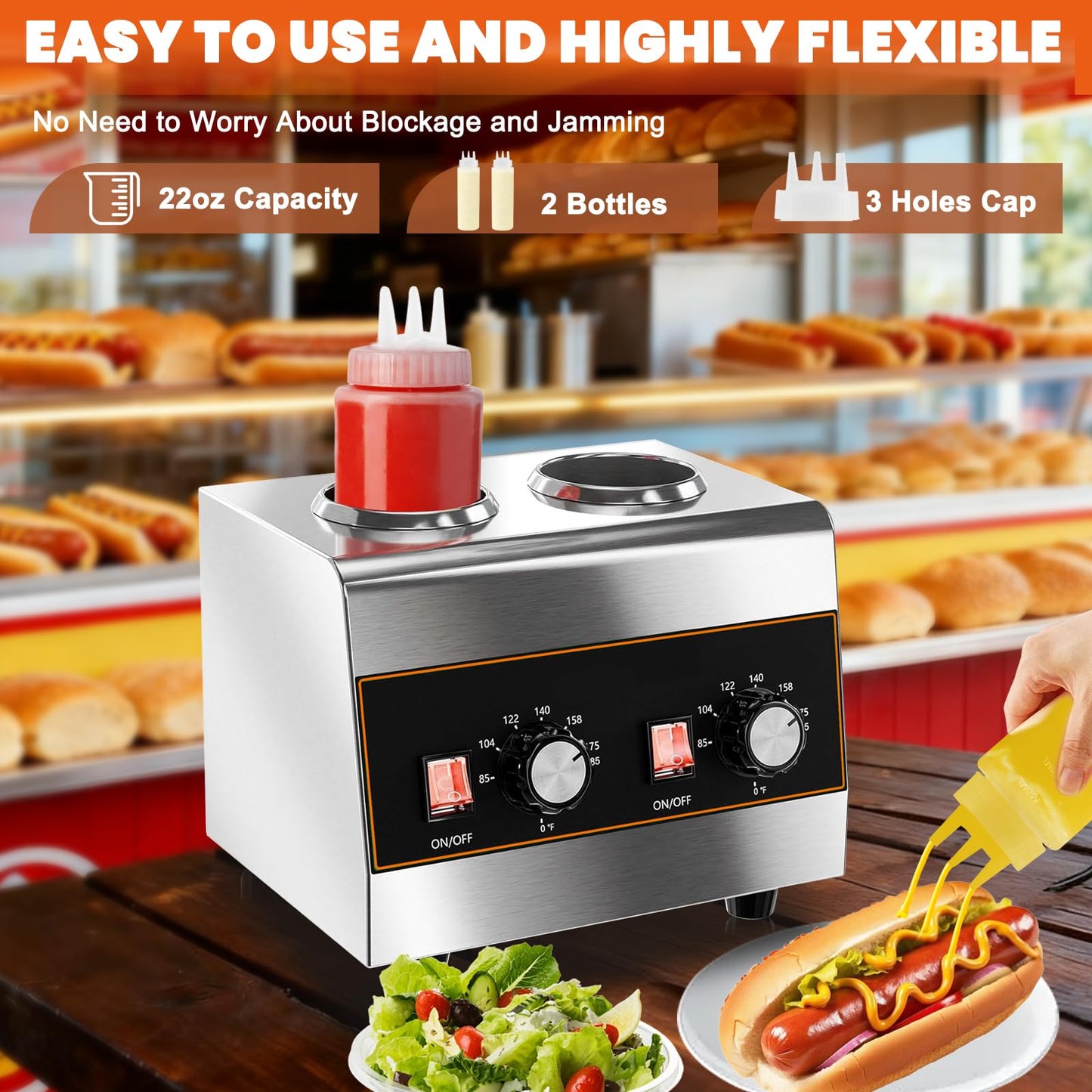 Nacho Cheese Dispenser Warmer Electric Cheese Sauce Warmer Dispenser Commercial Chocolate Warmer Hot Fudge Dispenser for Nacho Cheese Caramel with 22oz/650ml Squeeze Bottles*2