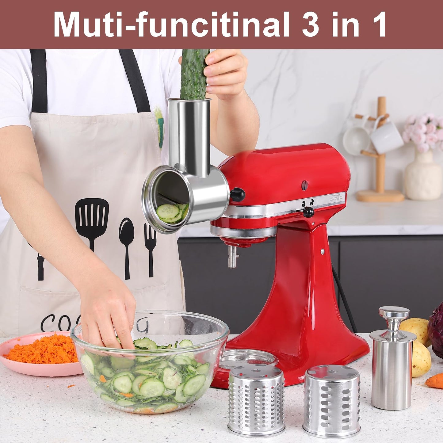 Stainless Steel Slicer Shredder Attachment for KitchenAid Stand Mixer, Large Salad Machine with Vegetable Slicer Cheese Grater Attachments for Kitchen Aid, Dishwasher Safe by Rafbar