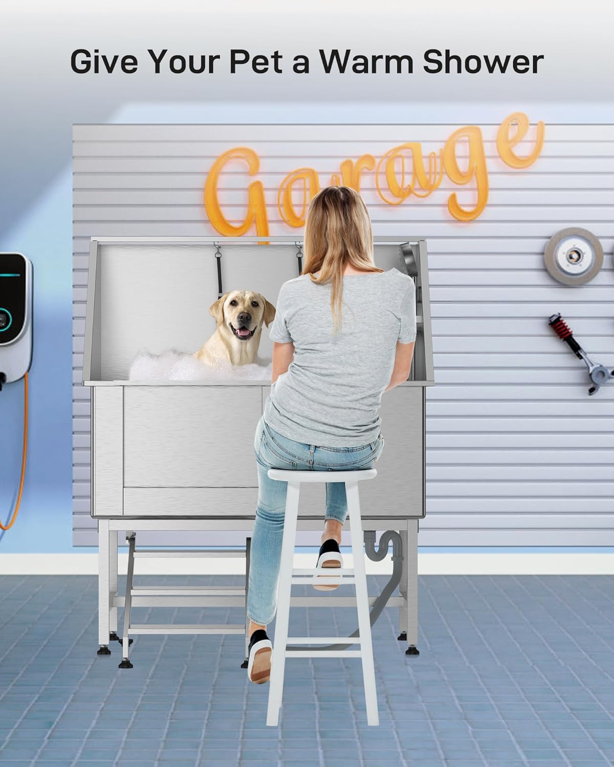 GarveeTech 50 in Pet Dog Grooming Tub with Removable Ramp, Professional Stainless Steel Dog Washing Station, for Large, Medium, Small Pets, Washing Pets for Home Right Door