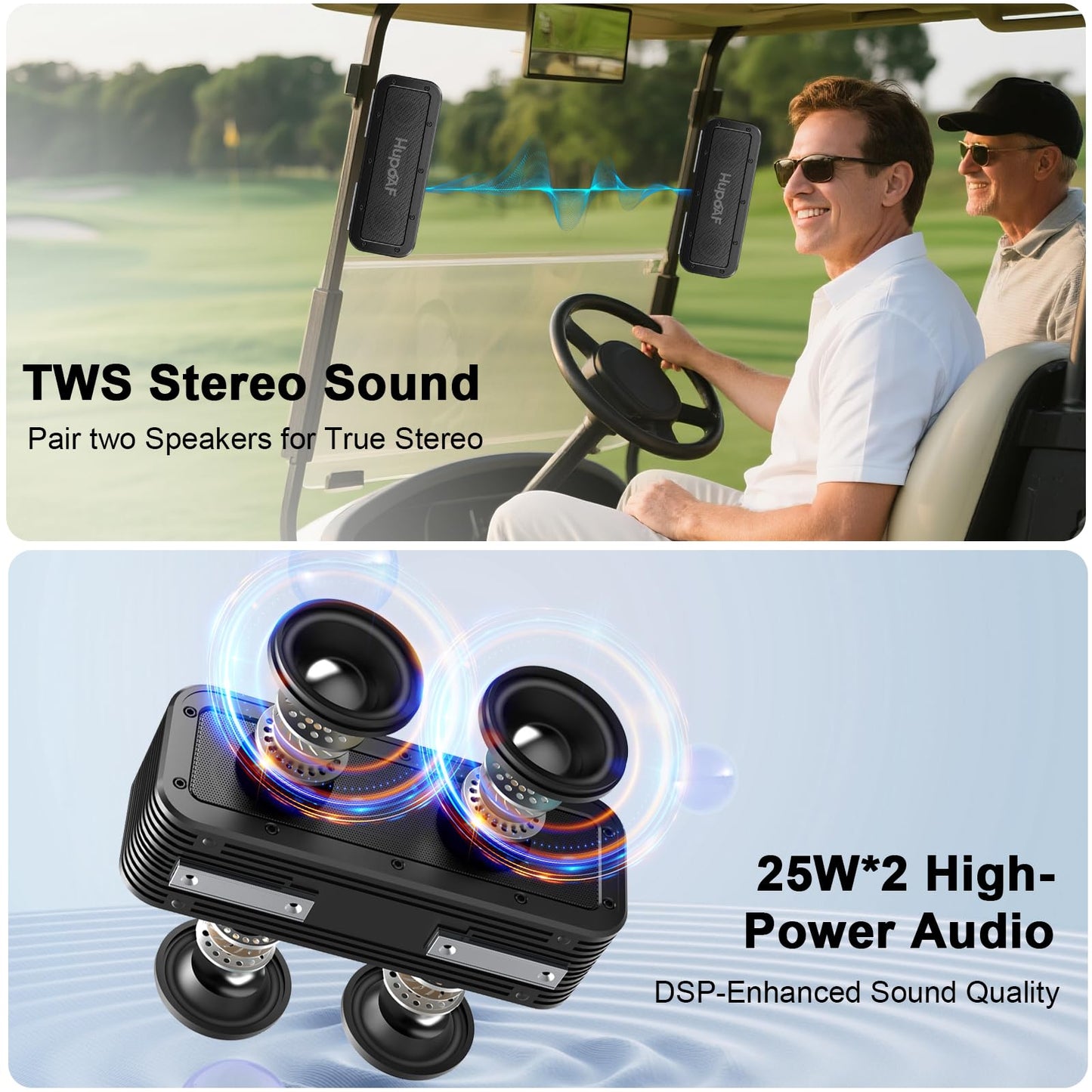 Hupoaf Portable Bluetooth Golf Speaker, 50W Strong Magnetic Bluetooth Speaker Wireless, 6600mAh Loud Stereo Sound, 30Hrs Dual Pairing for Golf Cart, IPX7 Waterproof, SD Card for Camping/Home/Outdoor