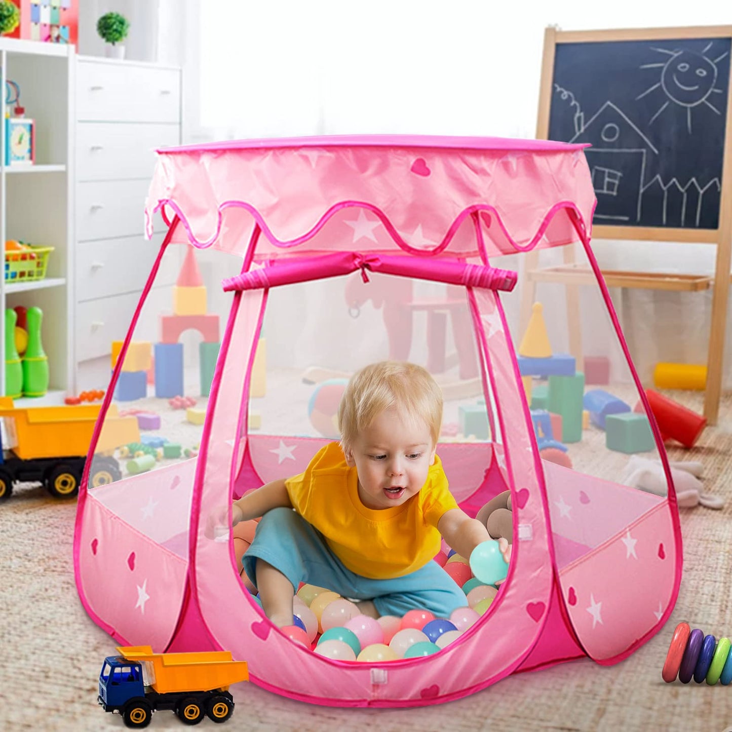 Crayline Pop Up Princess Tent with Star Light, Toys for 1 2 3 Year Old Girl Birthday Gift, Baby Girl Toys, Ball Pit for 12-18 Months Toddler Gift, Easy to Pop Up and Assemble(Pink)