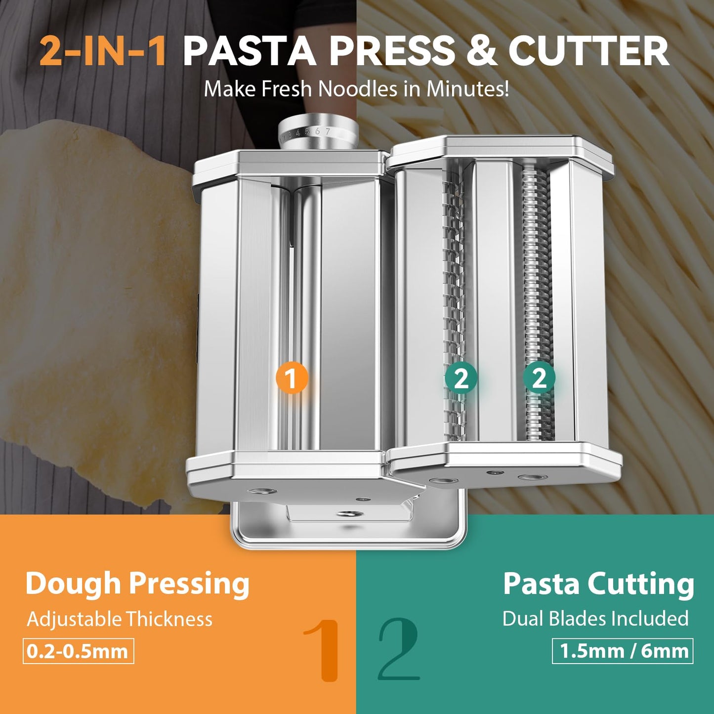 Newhai Electric Pasta Maker QM-1 Ramen Noodle Machine Adjustable Thickness (0.2-0.5mm) Pasta Roller & Cutter 1.5mm Spaghetti 6mm Wide Noodle Manual & Motorized for Home Kitchen Use