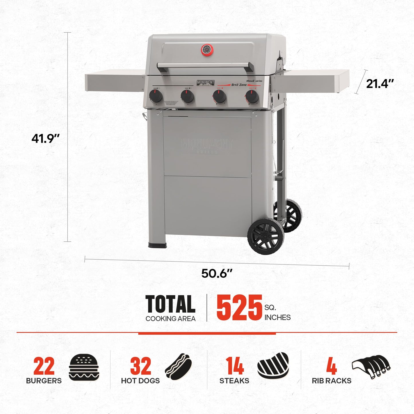 Monument Grills 4 Burner Propane Gas Grill with Advanced Broil Zone, Stainless Steel Outdoor Mesa 2 Barbecue Grill, Foldable Side Shelves, 500°F in 5 Mins, Assembles in 30 Minutes, Mesa II 410FBZ