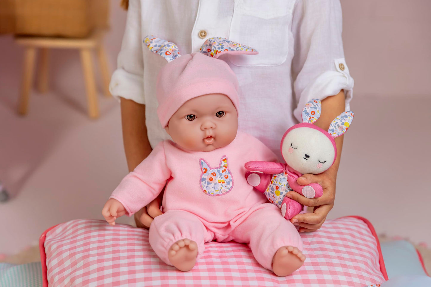 JC Toys Lots to Cuddle Babies 15” Soft Body Baby Doll with Plush Bunny Friend | Includes Attachable Stuffed Animal | Realistic Baby Doll for Kids Ages 2+ | Huggable & Lifelike