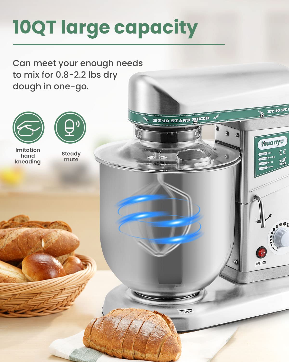 Huanyu Commercial Stand Mixer 10QT 500W Electric Dough Blender with Stainless Steel Bowl 3-in-1 Multifunctional Food Mixing Machine Dough Hook Flat Beater Whisk 110v