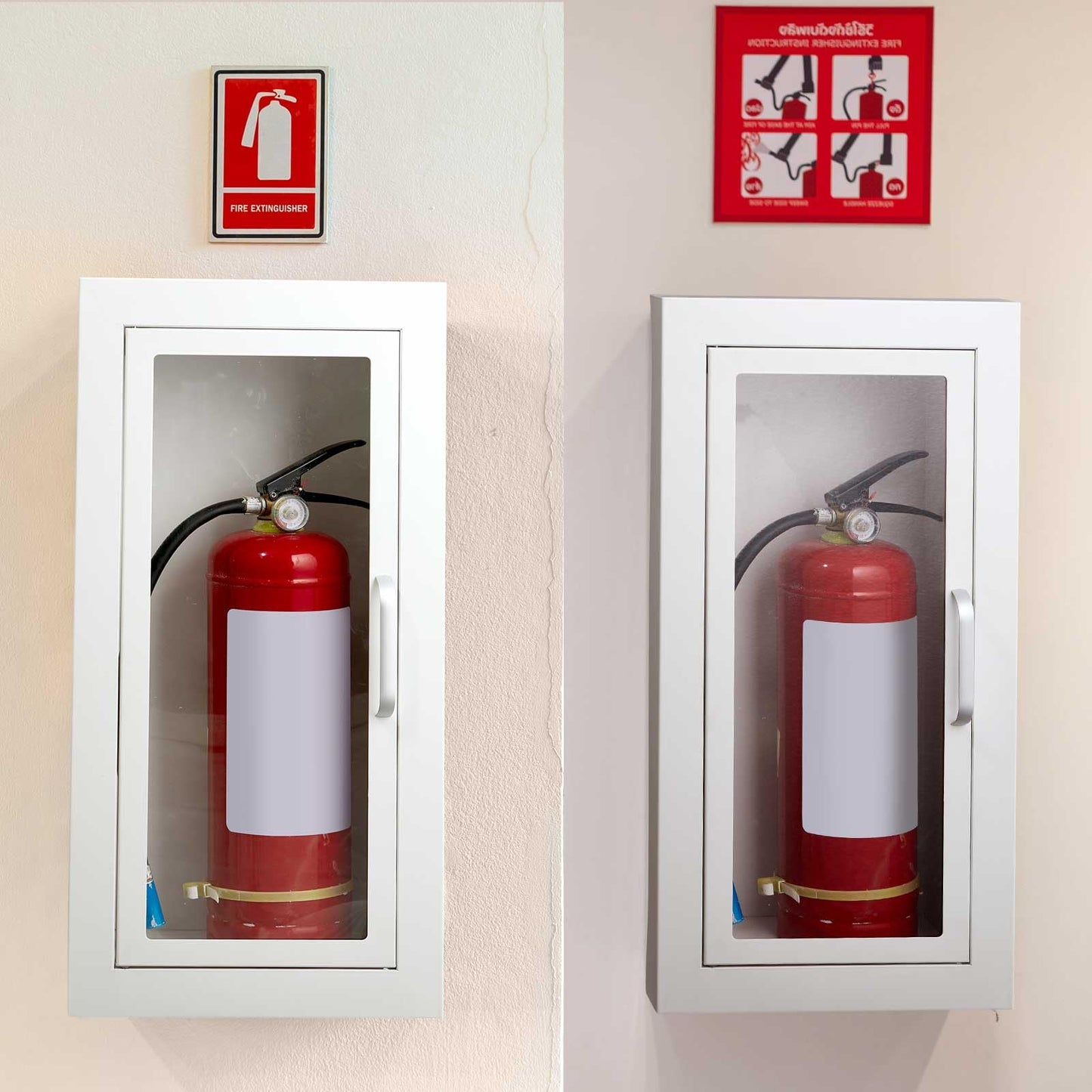 Zonon 1 Pcs Semi Recessed Fire Extinguisher Cabinet, Steel Wall Mount Cabinet with Magnetic Door & Handle, Acrylic Window, 2.5" Trim Frame, Fits 2.5/5/10 lb Fire Extinguishers, White