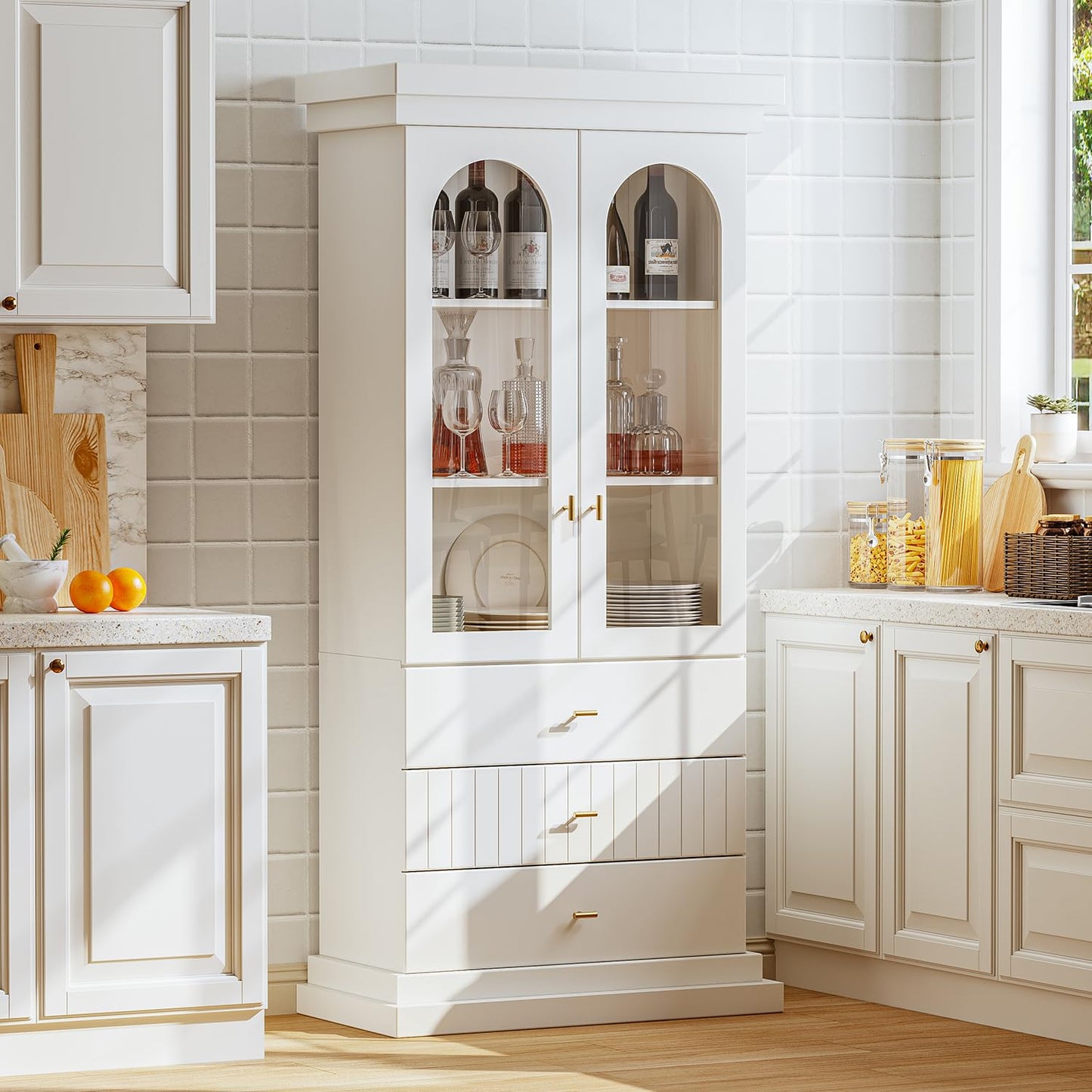 Vyre 71" Arched Kitchen Cabinet, Glass Door Display and Tall Storage Cabinets with Drawers, Modern Pantry for Dining Room or Living Room, White with Gold Handles, 3 of Set