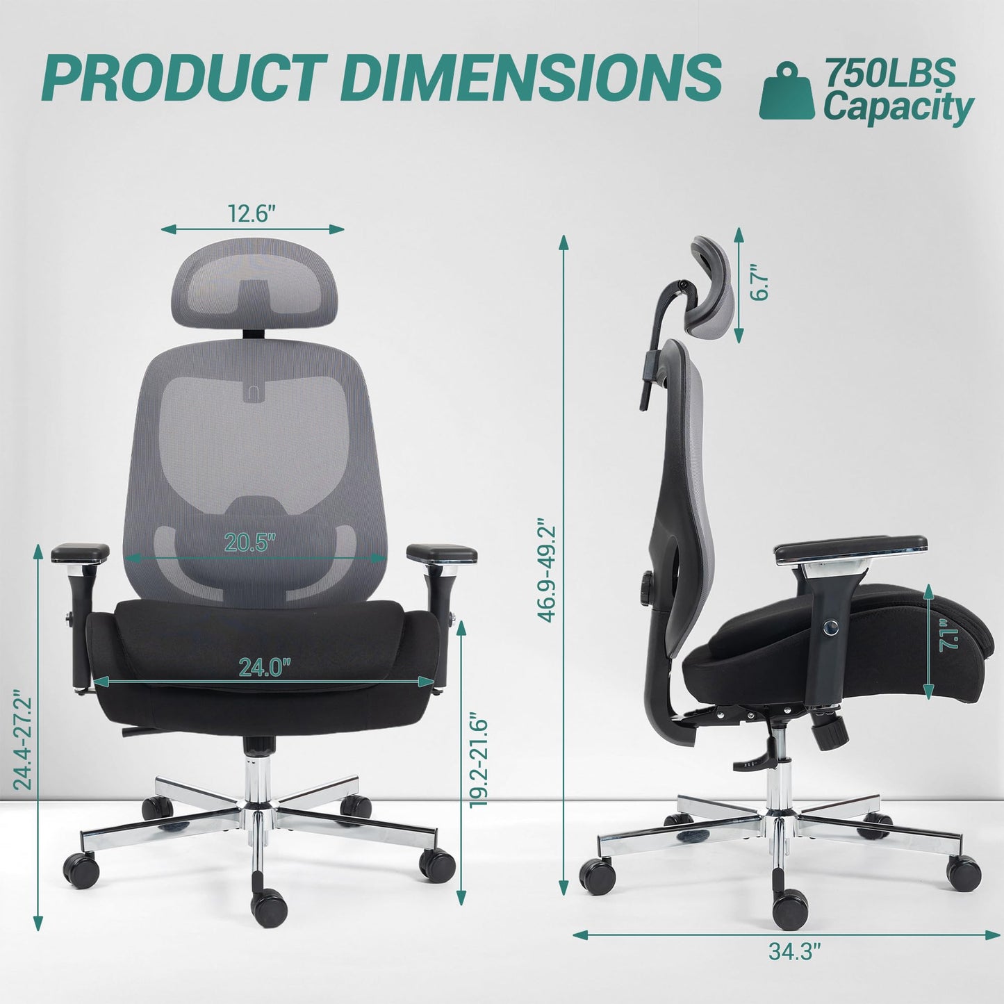 WENTUM 750 LBS Big and Tall Office Chair, Heavy Duty Executive Chair w/4D Arms, Ergonomic Computer Home Desk Chair, Swivel Mesh Chair w/2D Lumbar Support, Adjustable Headrest, Tilt Lock-Black and Grey