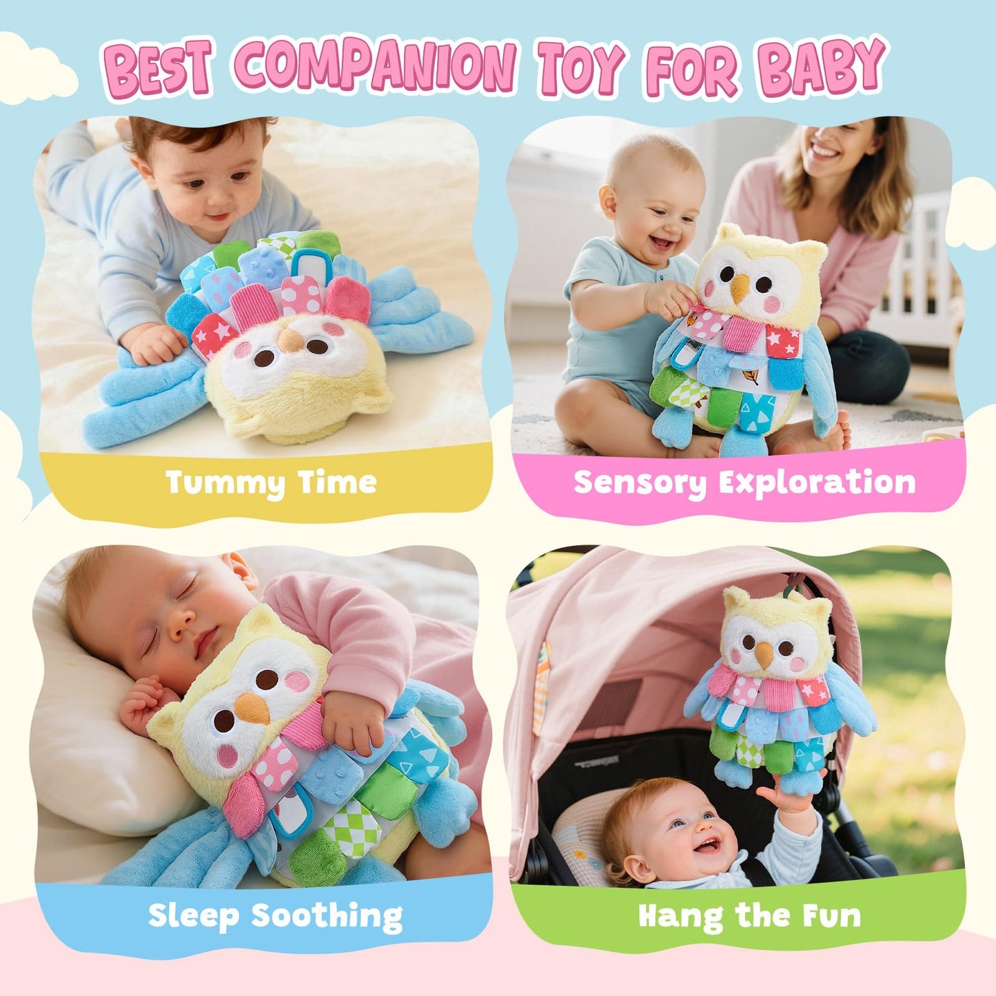 JoyCat Sensory Owl Baby Toy for 0-12 Months, 13''Soft Tummy Time Infant Toy with Multi-Textured Crinkle Feathers, Baby Mirror, Stuffed Animal Plush Montessori Easter Gifts for Newborn Boys and Girls