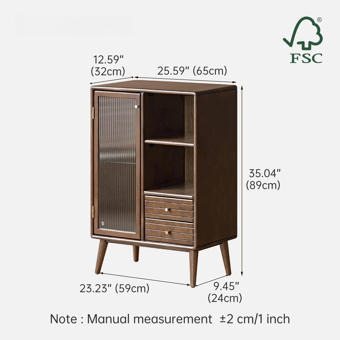 Wayshome Sideboard Buffet Cabinet with Storage, 100% Solid Rubberwood Wood Coffee Bar with Glass Door & 2 Drawers, Wooden Kitchen Display Cabinet with Adjustable Shelf for Dining Room, Living Room