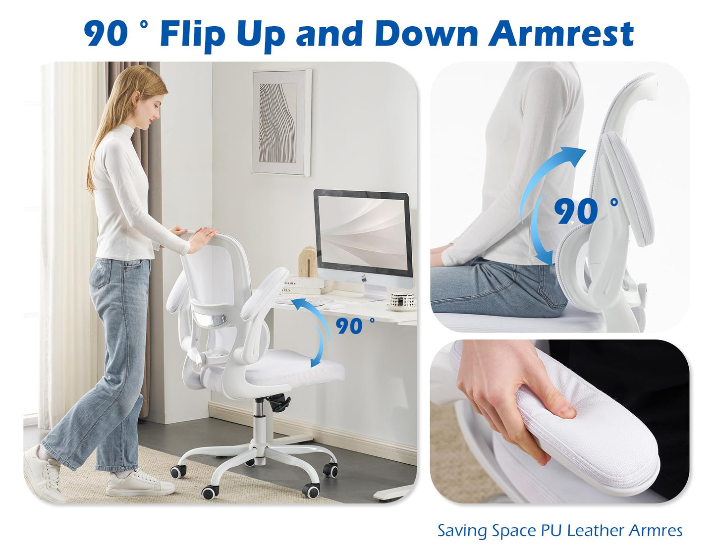 TRALT Ergonomic Office Chair - Desk Chair with Adjustable Lumbar Support Computer Chair - Mesh Comfy Chair with Flip-up Armrests - Gaming Chairs for Adults Home Office (Leather, White)