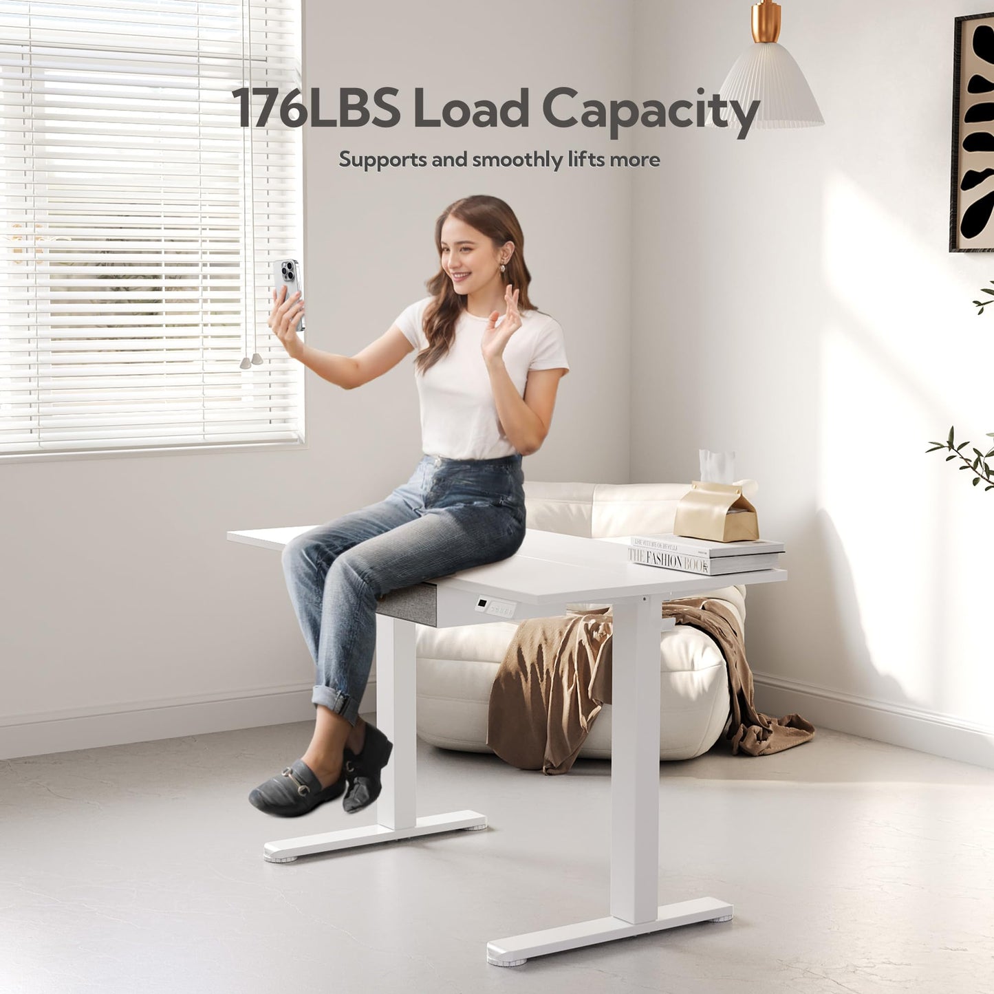 Seang Standing Desk with Drawer, 55" x 24" Height Adjustable Stand Up Desk, 3 Memory Height Settings with Cable Grommets & Storage Hooks, Ideal for Home & Office, White