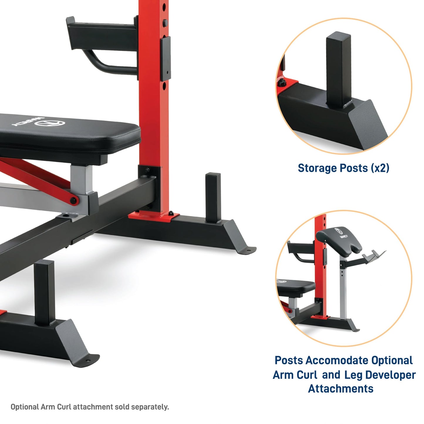 Marcy Deluxe Olympic Weight Bench with Adjustable Back and Bar Catch and Optional Arm Curl, Leg Developer, Lat Tower Attachments (Sold Separately), Personal Home Gym for Strength Training, Weightlifting