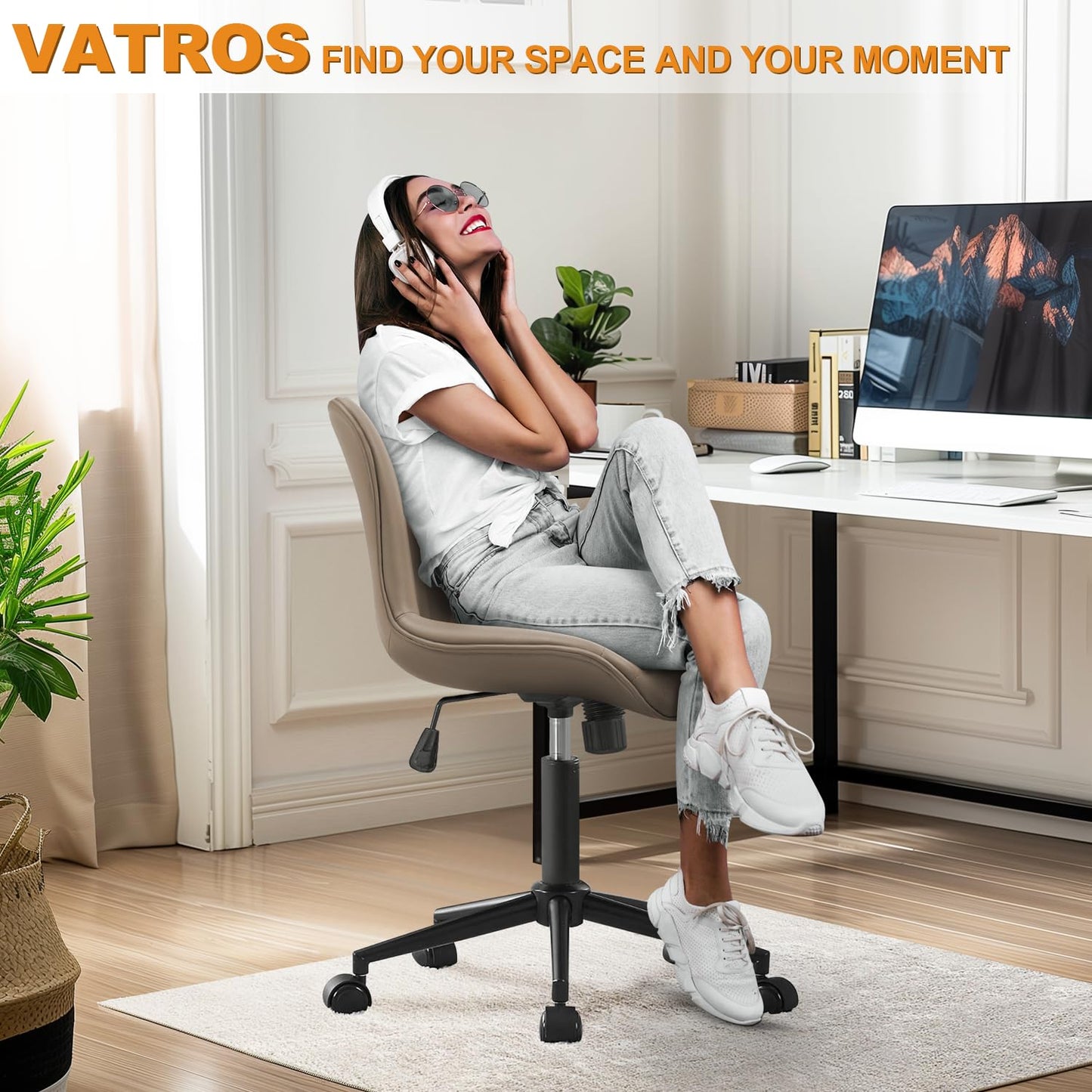 VATROS Office Chair, Armless Desk Chair with Wheels, Ergonomic Comfy Home Office Computer Task Chairs,Faux Leather Padded Cute Vanity Chair, Adjustable Height Swivel Chair with Back, Khaki