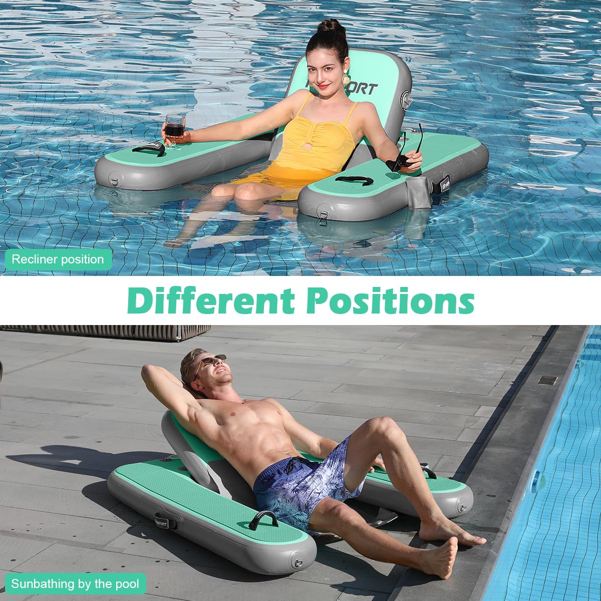 FBSPORT Inflatable Pool Float Lounger for Adults, Water Floating Chair Pool Float Raft with Cup Holder and Backrest for Swimming Pool, Lake, Party and Beach