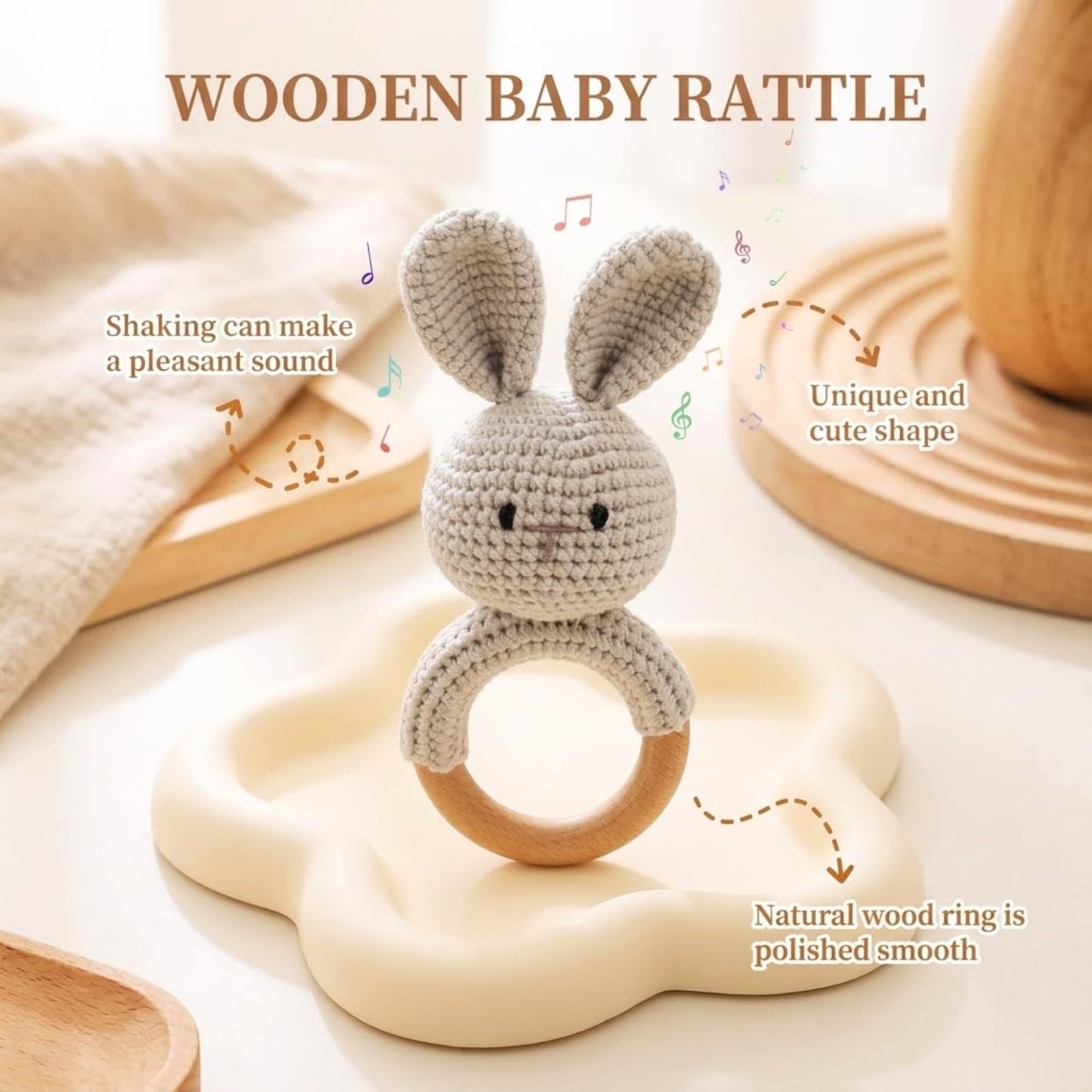Organic Crochet Bunny Baby Rattle Toy - Handmade Newborn Gift Set with Teether & Pacifier Holder - BPA-Free Organic Cotton New Baby Gift - Infant Sensory Toy for Girls Boys 0-12 Months