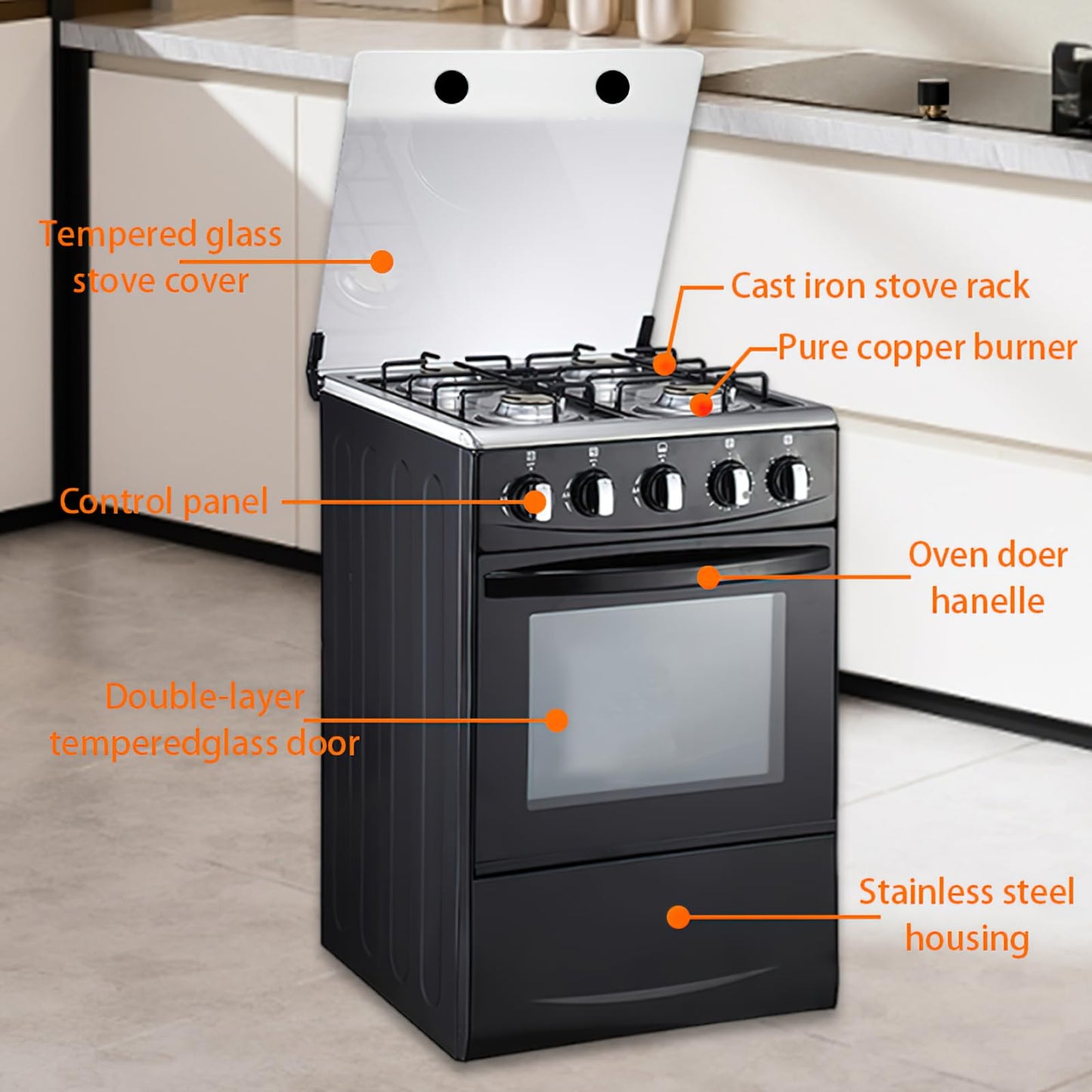 20" LPG Gas Stove - Equipped with 4 coil burners and Stainless Steel 50L Oven (Black: Automatic ignition)