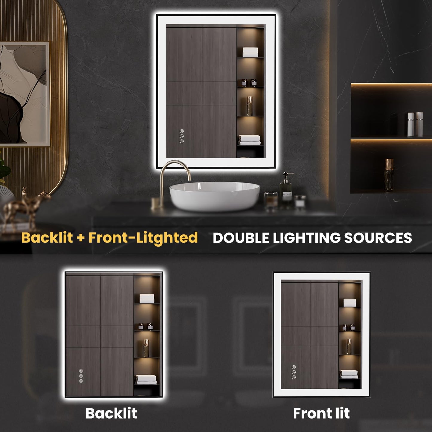 LOAAO 28"X36" LED Bathroom Mirror Black Framed, Anti-Fog, Dimmable, Lighted Bathroom Vanity Mirror for Wall, Memory Function, Tempered Glass