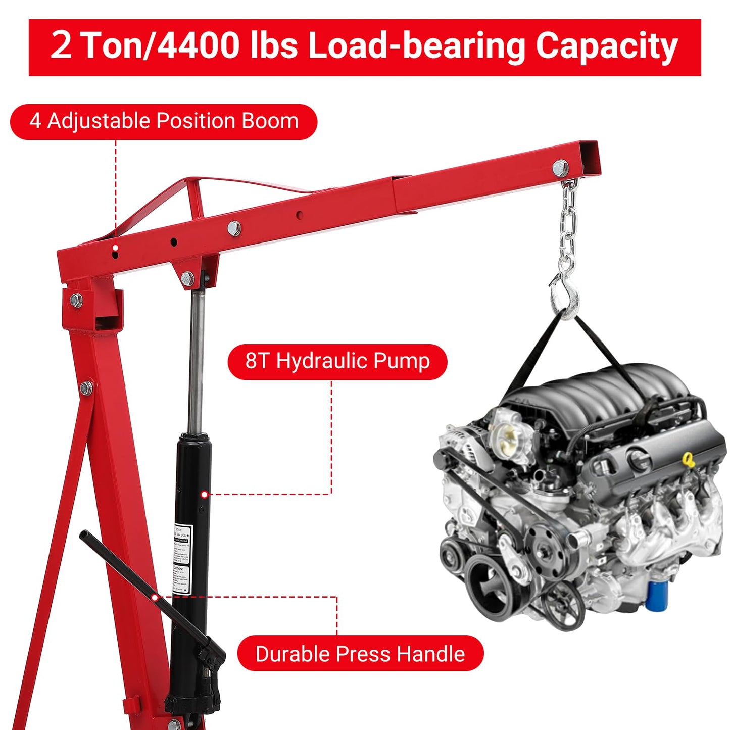 2 Ton Hydraulic Engine Hoist, 4400 LBS Folding Picker Hoist, 6 Casters and Lever Heavy-Duty Hoists for Garage Auto Repair (Red)