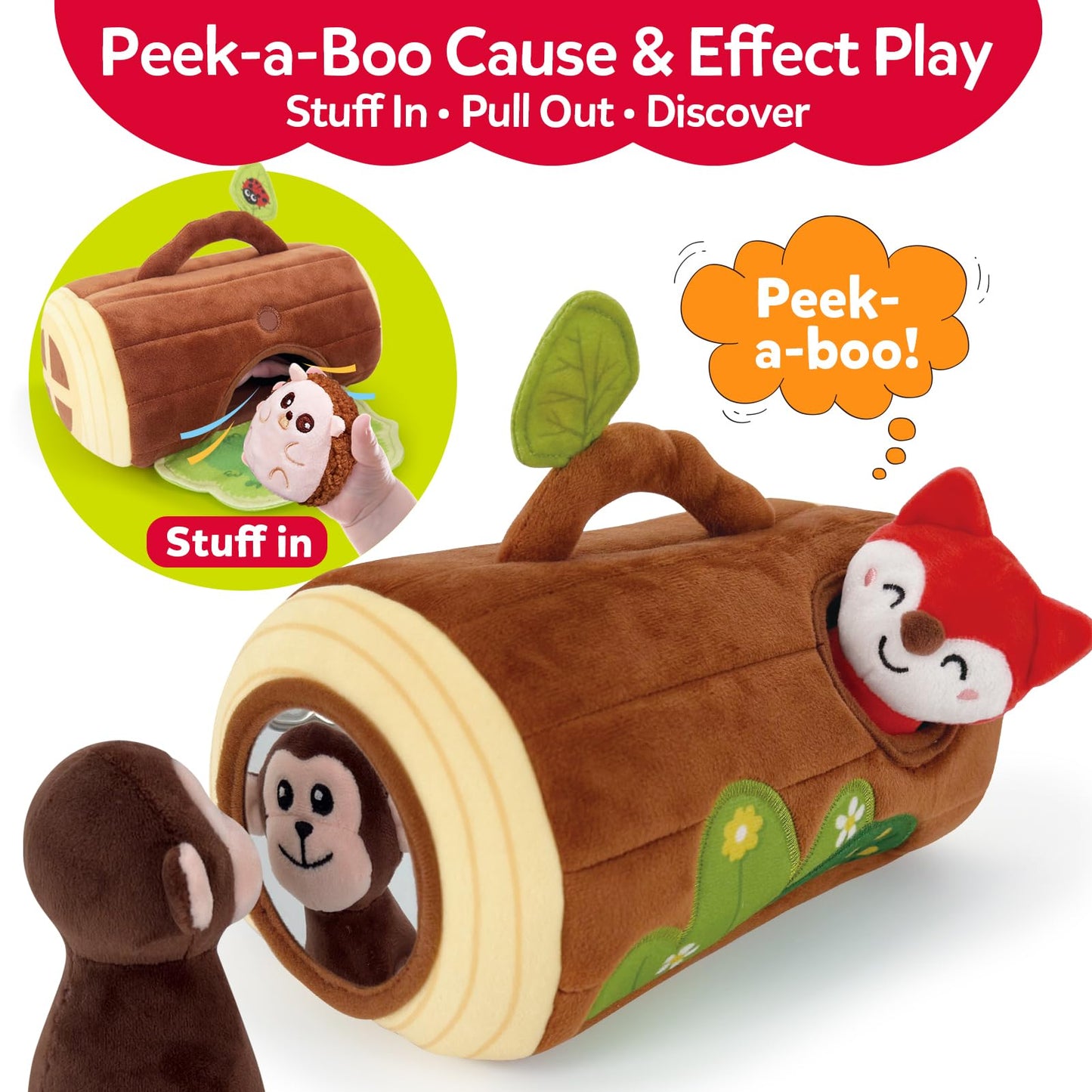 CuteZone Baby Toys 6-12 Months, Stuffed Animals for Babies, Soft Plush Forest Sensory Toy Set with Rattle, Crinkle, Mirror and Tree Stump Storage, Cause and Effect Baby Boy Girl Gifts
