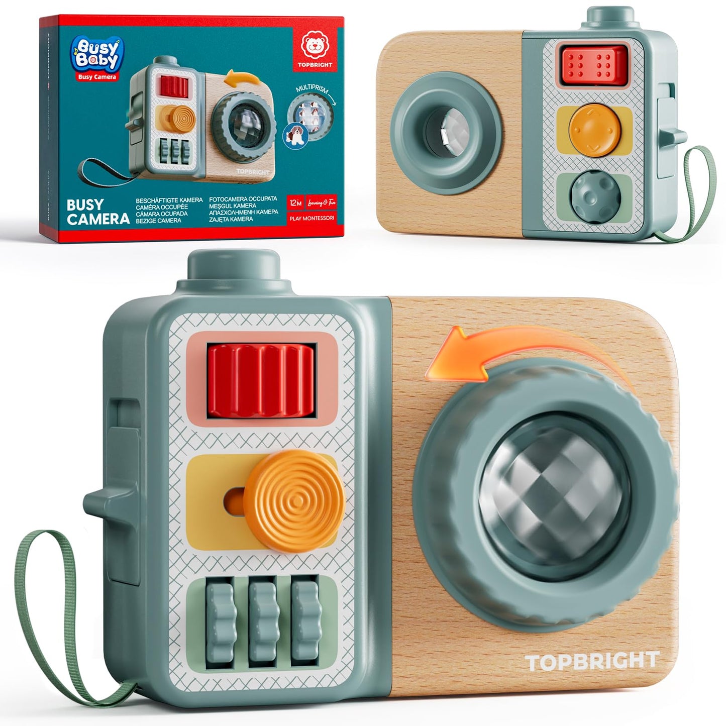 TOP BRIGHT Busy Board for 1 Year Old, Montessori Sensory Toys for Toddlers 1-3, Fine Motor Skills Busy Camera, Travel Toys for Babies 12-18 Months on Airplane Car, 1 Year Old Boy Girl Birthday Gifts