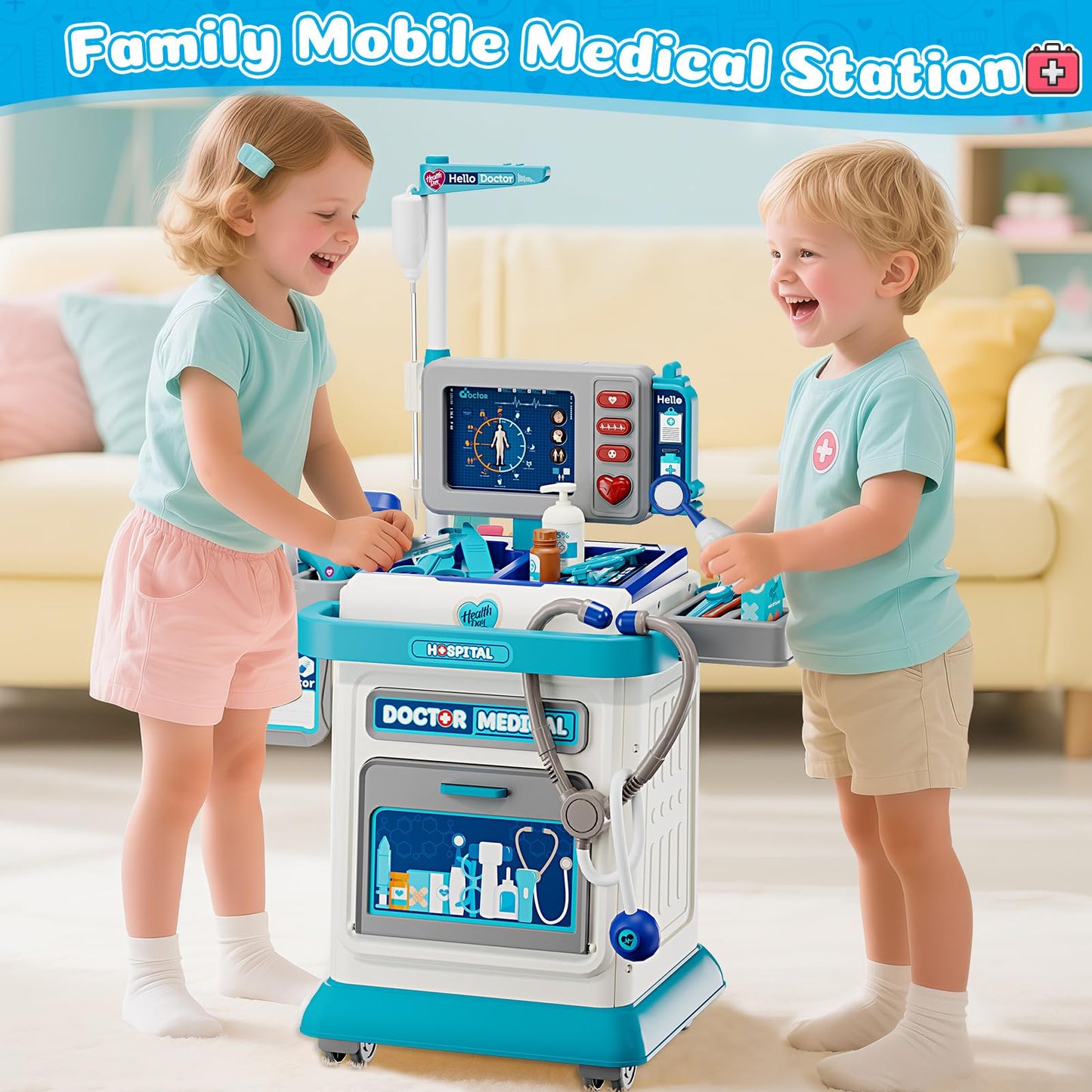 Doctor Kit for Toddlers 3-5, Pretend Doctors Play Set with Cart, Costume and Stethoscope for Kids Aged 3 4 5, Role Play Medical Toys for Girls Boys, Christmas Birthday Educational Gift for Toddler