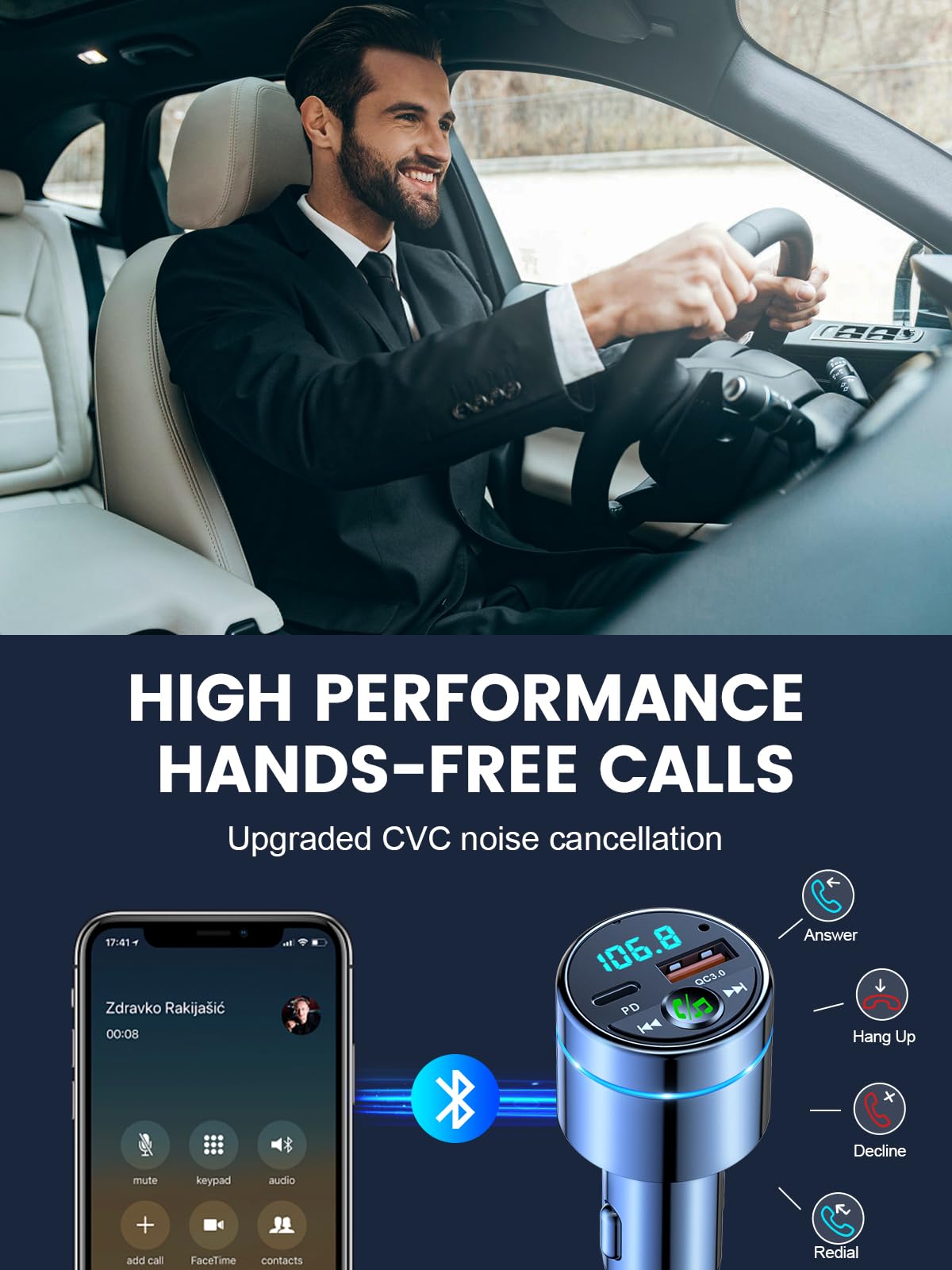 FOCBYE FM Transmitter for Car Bluetooth 5.3, All-Metal PD 20W & QC3.0 18W Fast Charger, Wireless FM Radio Car Kit Bluetooth Adapter, Noise Cancelling Hands-Free Call, Hi-Fi Music, Ring Light