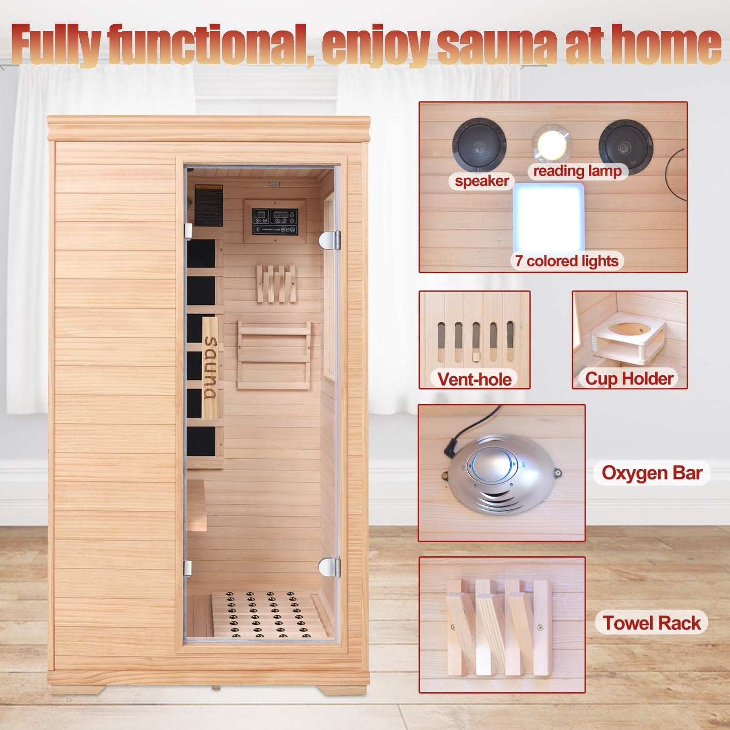 1-Person Low EMF Far Infrared Sauna for Home Use, 1050W Canadian Hemlock Wood Sauna with Bluetooth Music & Color Therapy Light, Easy Assembly for Bedroom, Gym, or Basement