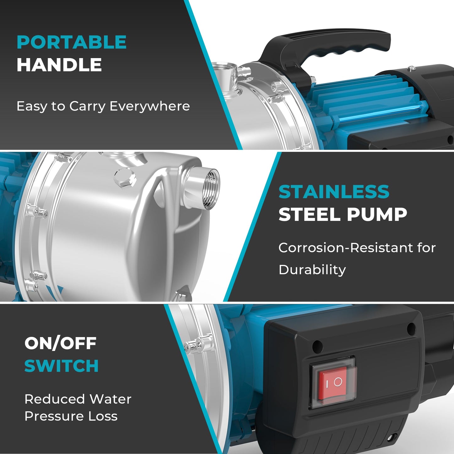 BOMGIE 1.6HP Shallow Well Pump Portable, Garden Pump 1320GPH, Stainless Steel Water Transfer Pump 110V Max. Head 164ft, Sprinkler Booster Pump for Draining Irrigation Home Garden Lawn Draining