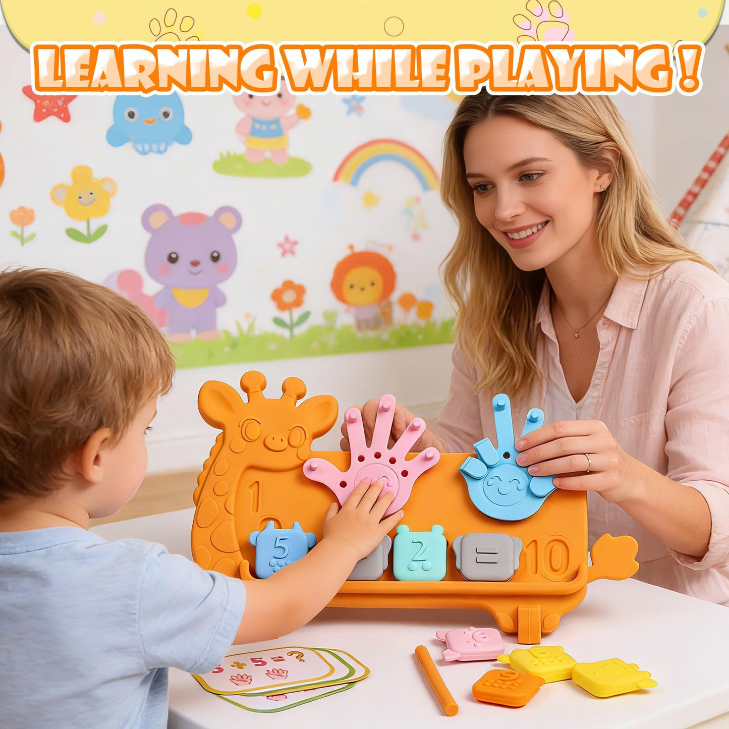 SUMBOHK Silicone Counting Blocks Montessori Math Toy for Toddlers, Giraffe Board with Suction Cup & Tracing, Number Blocks Toys Preschool Manipulatives 3-5, Educational Toys for 3 Year Old