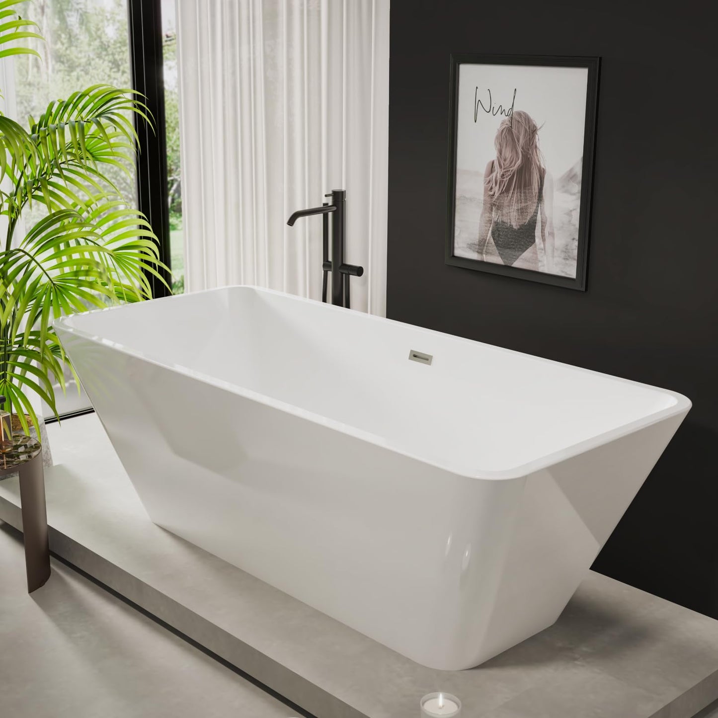 66 Inch Freestanding Bathtub, Acrylic Deep Soak Tub, Glossy White, Easy Install with Overflow & Drain