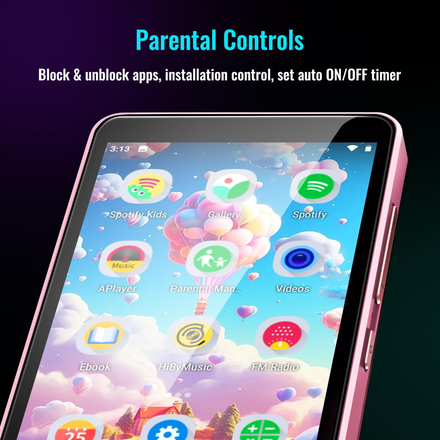 MP3 Player for Kids with Spotify, Parental Controls, Spotify Kids, Audible, Amazon Music, Libby, 4.0” IPS Kids Music Player Up to 512GB (Pink)
