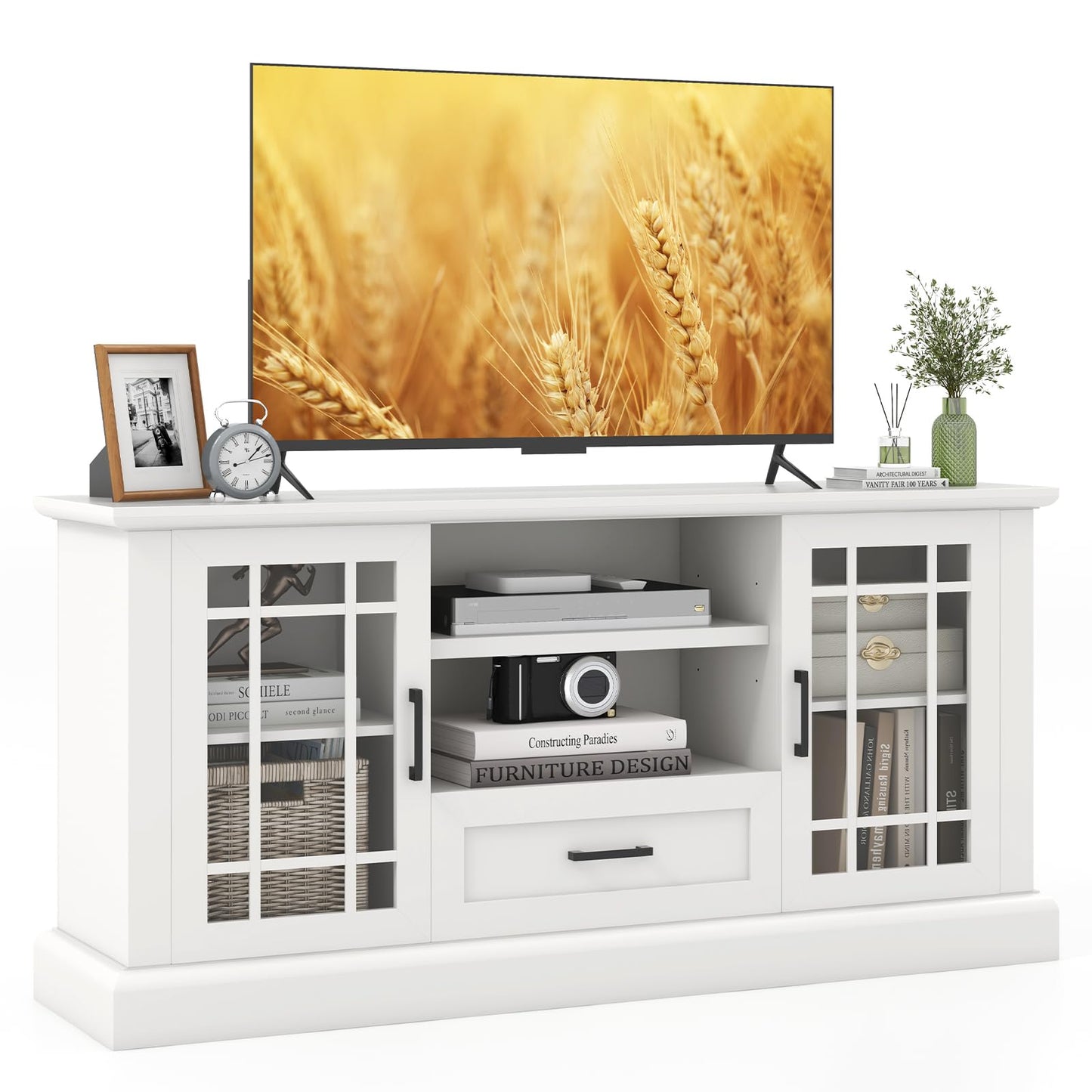 Tangkula Farmhouse TV Stand for TV up to 65 70 Inches, Tall Media Console Table with 2 Glass Storage Cabinets, 1 Drawer & 2 Open Shelves, Wooden Entertainment Center for Living Room (White)