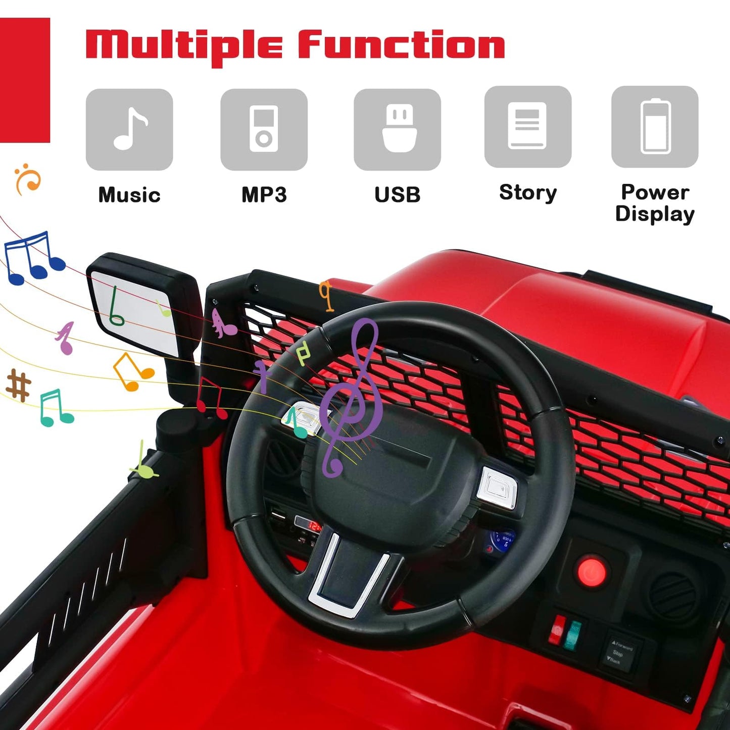 OLAKIDS Kids Ride On Truck, 12V Electric Vehicle Jeep Car with Remote Control, Toddlers Battery Powered Toy with 2 Speeds, Spring Suspension, Double Open Doors, LED Lights, Music, TF,USB, Mp3 (Garnet)