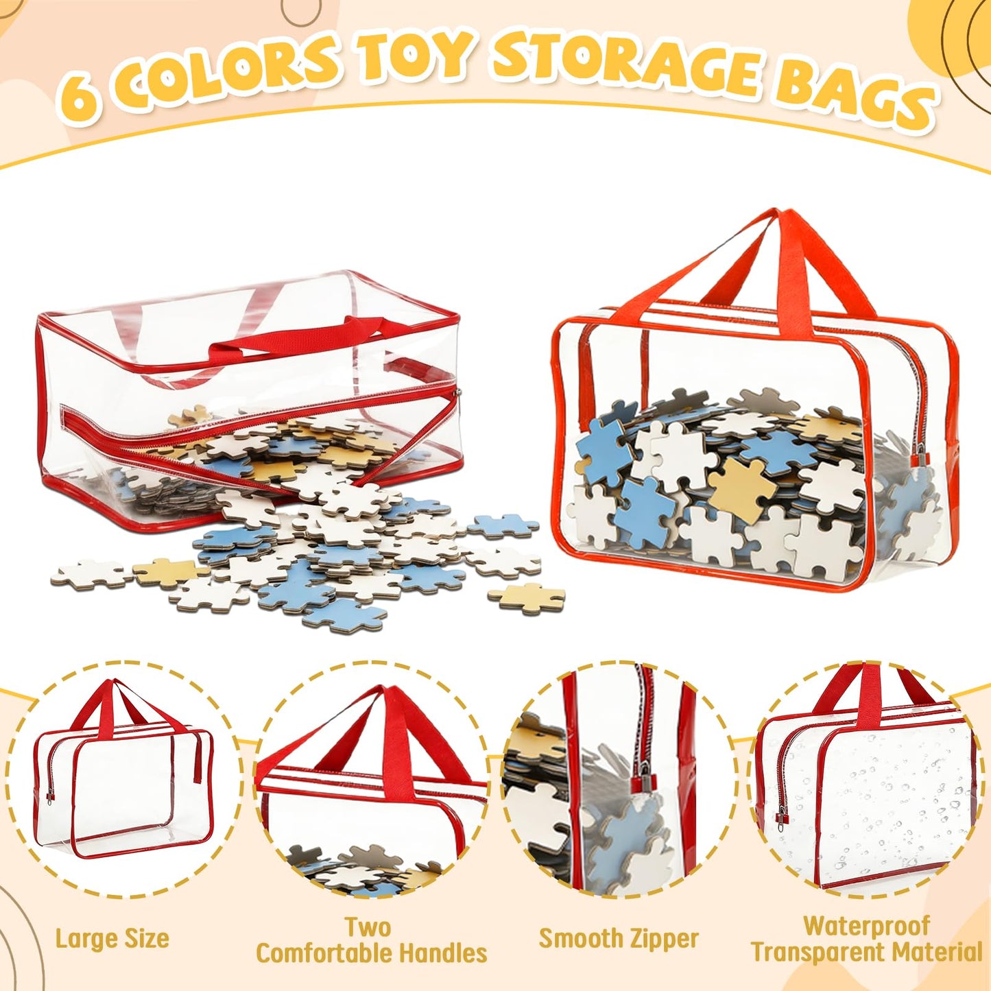 12-Pack Large Toy Storage Bags - Clear PVC Toy Storage Organizer Bags with Zipper, Waterproof Transparent Toys Organizer Bag, Reusable Large Toys Bag for Organizing Kids Travel