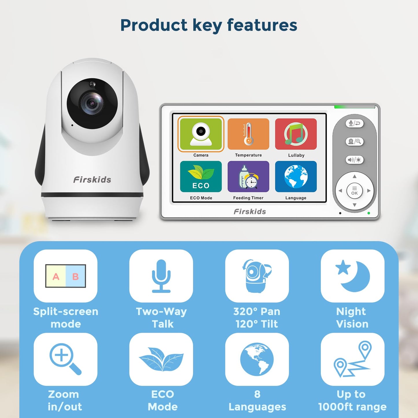 Firskids Baby Monitor no WiFi Needed, Long Range Baby Monitor with Camera and Audio, Pan-Tilt-Zoom Baby Camera Auto Night Vision VOX Lullabies 2-Way Audio