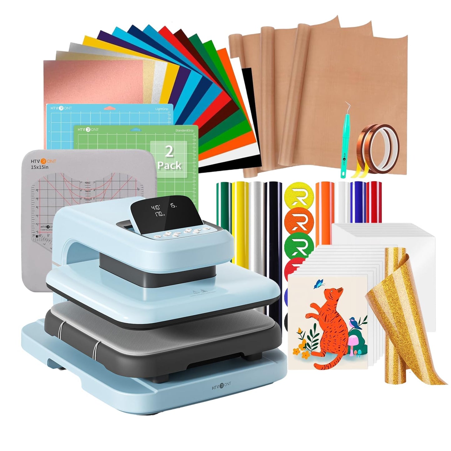 【Premium Bundle】 HTVRONT Automatic Heat Press 2 + HTVRONT Automatic Heat Press Accessories Kit + 2 Pack Cutting Mats 12x12 + 8 Pcs 3D Puff Vinyl + 10" x 8ft Gold Glitter HTV Heat Transfer Vinyl