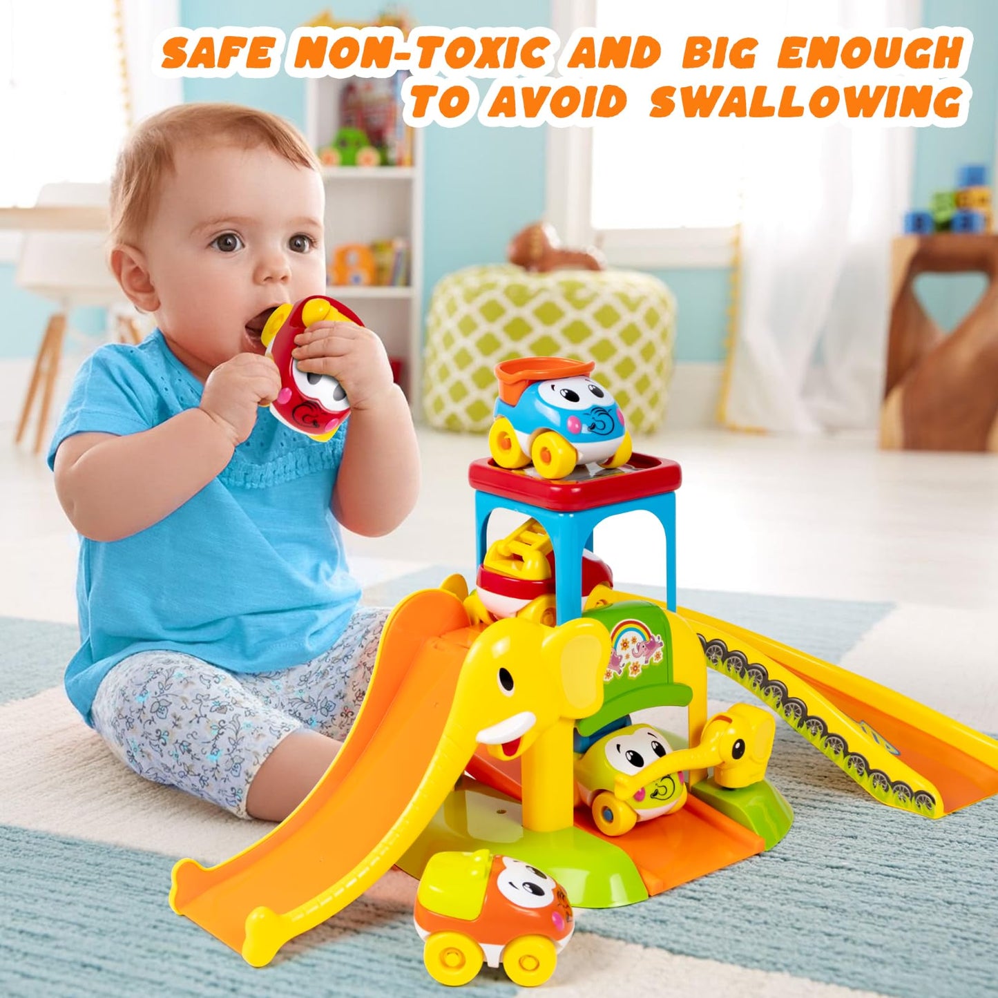 Marstone Toddler Toys for 1 2 Year Old Boys and Girls Gifts: Educational Elephant Slide with 4 Animal Car Toys for Baby 12-18 Months, First Birthday Gifts for Kids, Learning Push Truck Tracks Age 1-2