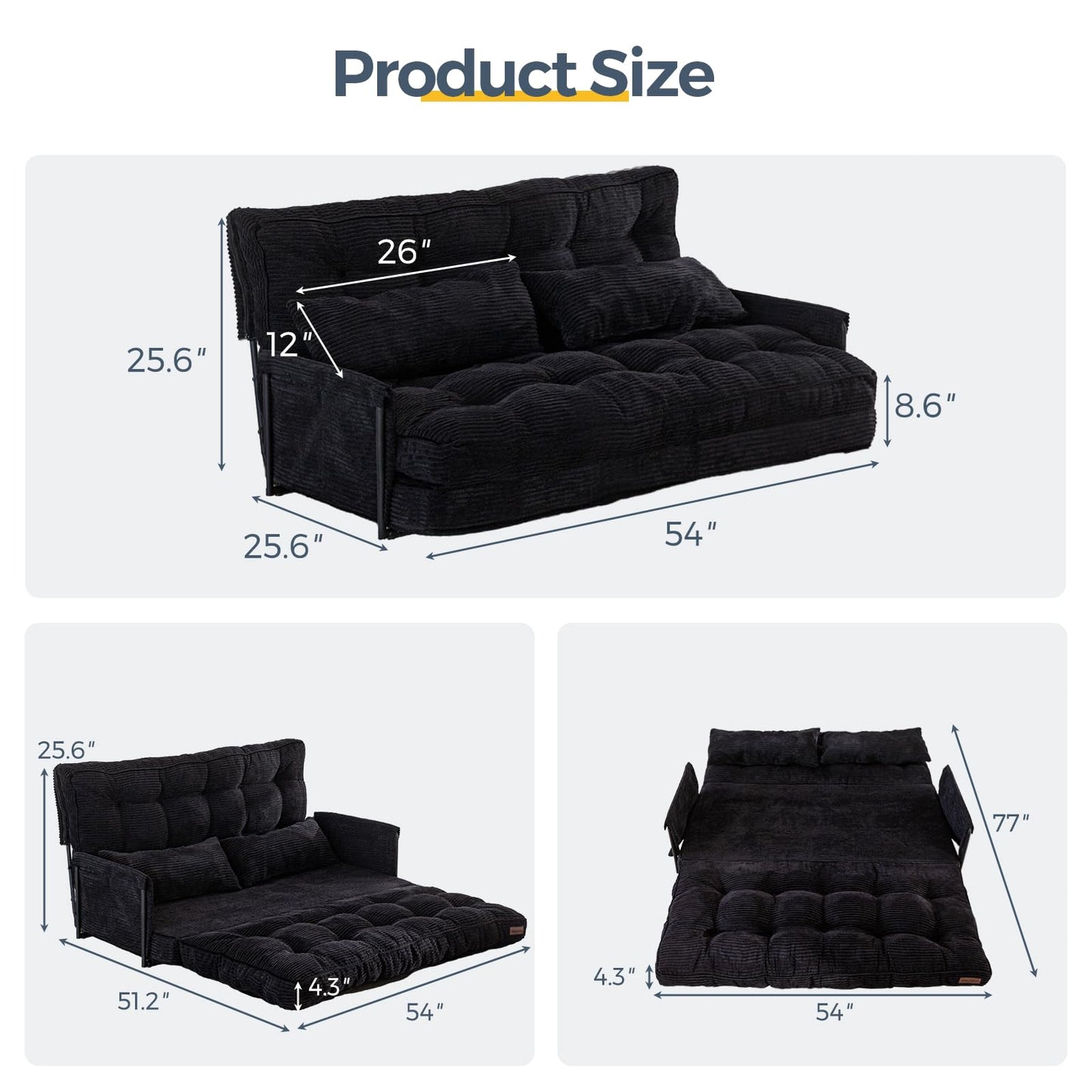 MAXYOYO Adjustable Floor Sofa Couch with 2 Pillows, Multi-Functional Bean Bag Bed, 5-Position Foldable Lazy Sofa Sleeper Bed with Armrest, Versatile Floor Seating for Reading, Black, Double