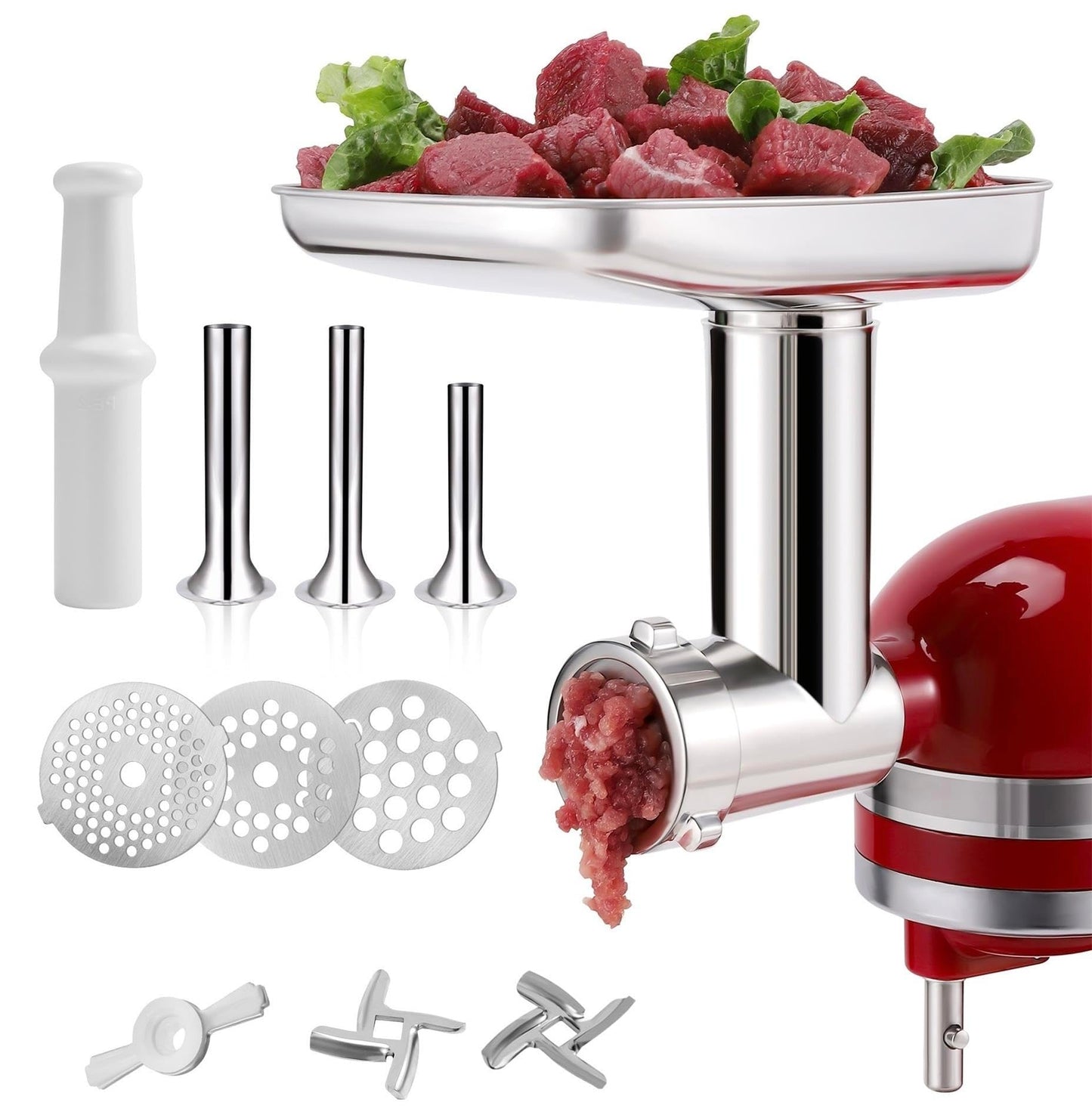 FavorKit Stainless Steel Food Grinder Attachment for KitchenAid Mixers, Dishwasher Safe Meat Processor Aceesory Included 3 Sausage Stuffer Tubes