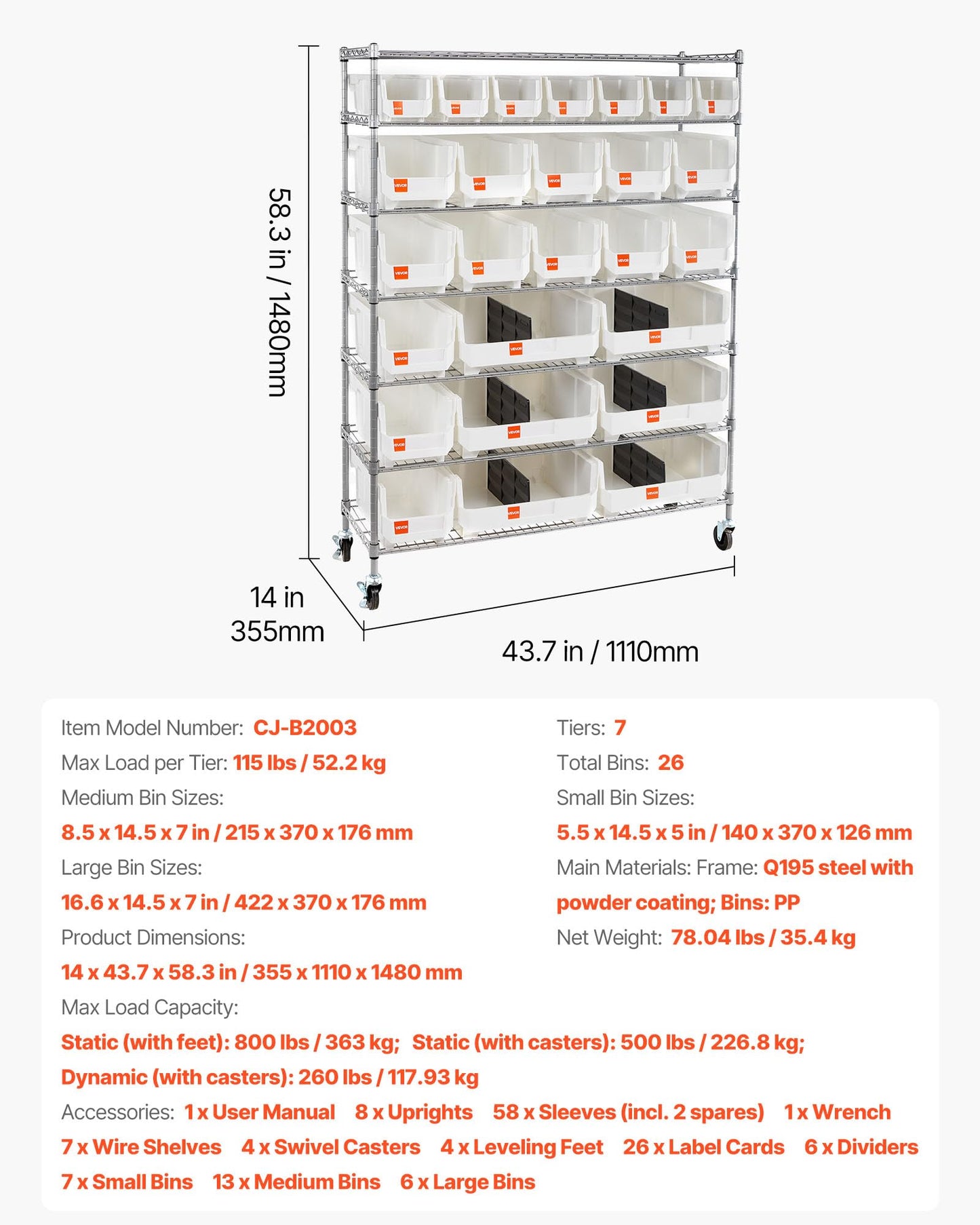 VEVOR 7-Tier Rolling Bin Storage Rack, 26 Organizer Bins, Bin Rack Storage Steel Wire Shelving System with Wheels, Mobile Tool Organizer for Garage, Warehouse, Office, Restaurant, Classroom, Kitchen