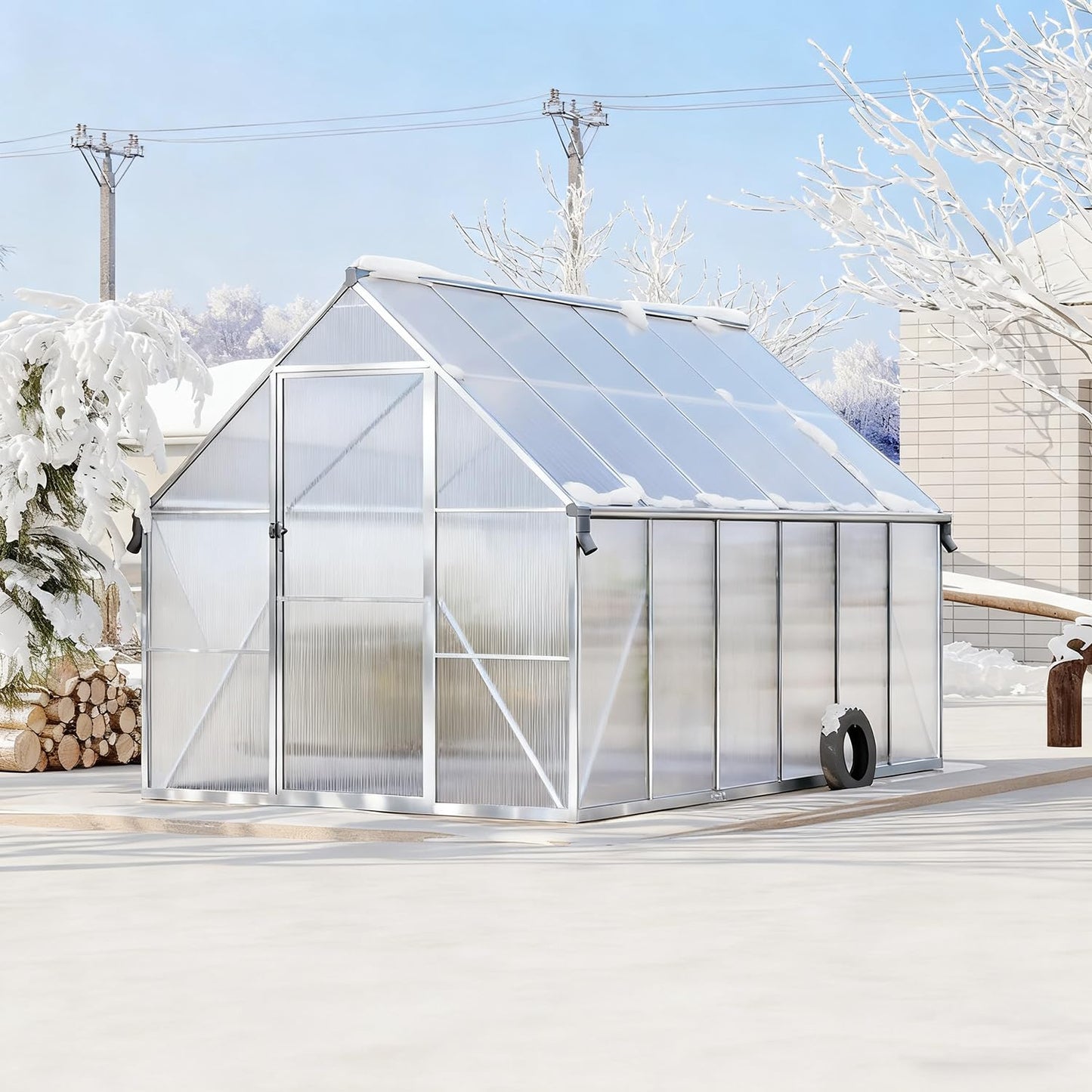 8x12ft Greenhouses for Outdoors, Polycarbonate Greenhouse with Roof Vent, Aluminum Frame Walk-in Greenhouse Kit for Backyard All Seasons Use