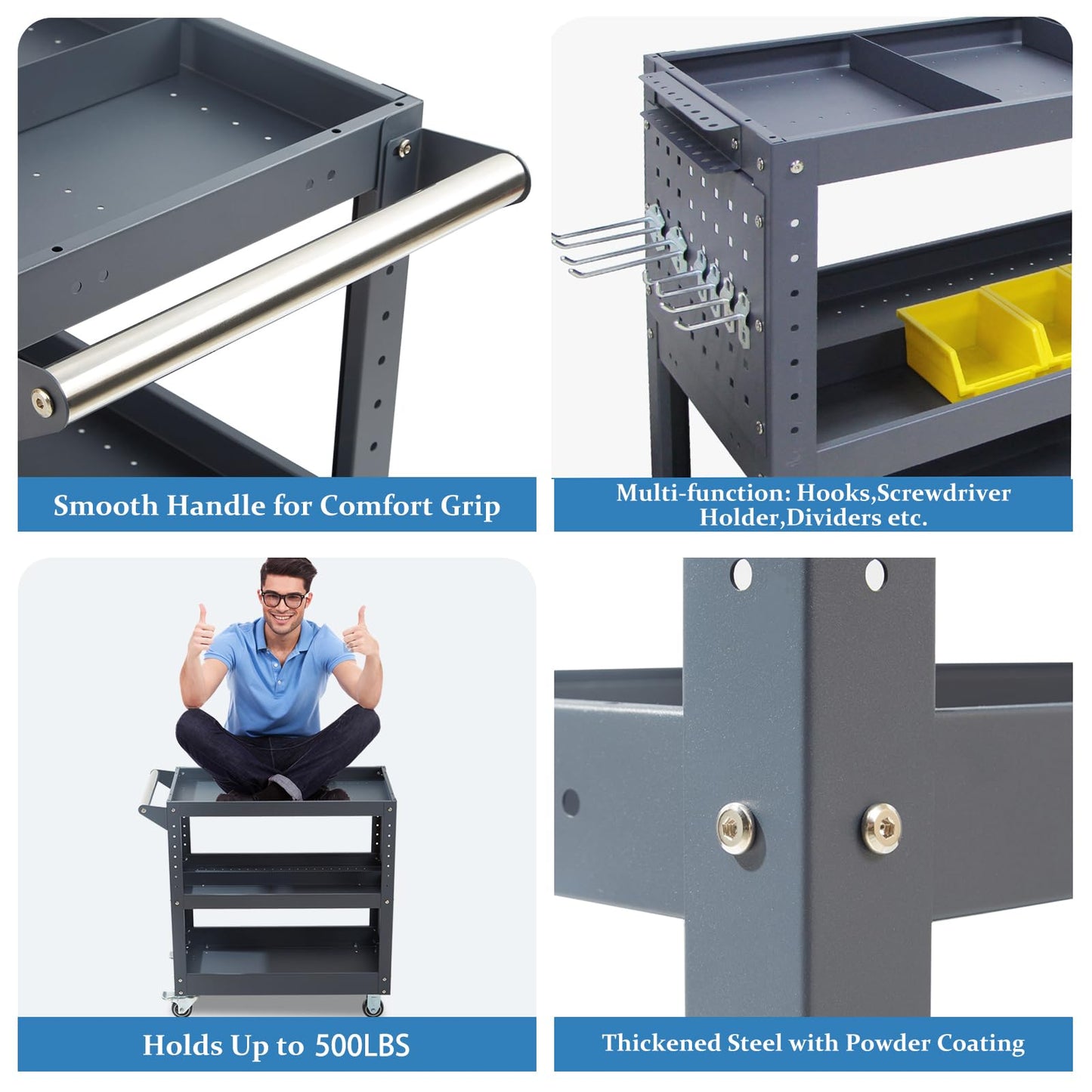 3 Tier Rolling Tool Cart, 500 lbs Capacity, 31.5"x29"x15", Mechanics Cart with 4 Dividers, Mesh Panel & Screwdriver Shelf