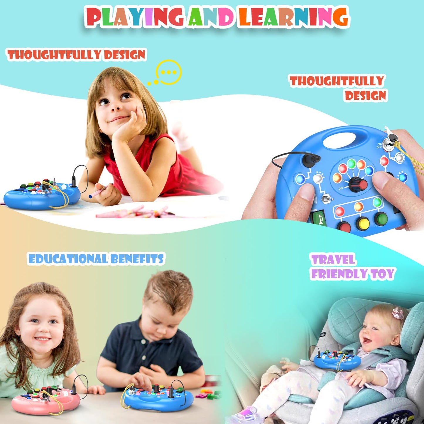 JIWORT Busy Board with LED Light, Montessori Busy Board for 1+ Year Old, Sensory Toys with Sound and Switches, Fidget Board for Kids Electronic Early Development Toys Boys Birthday (Blue)