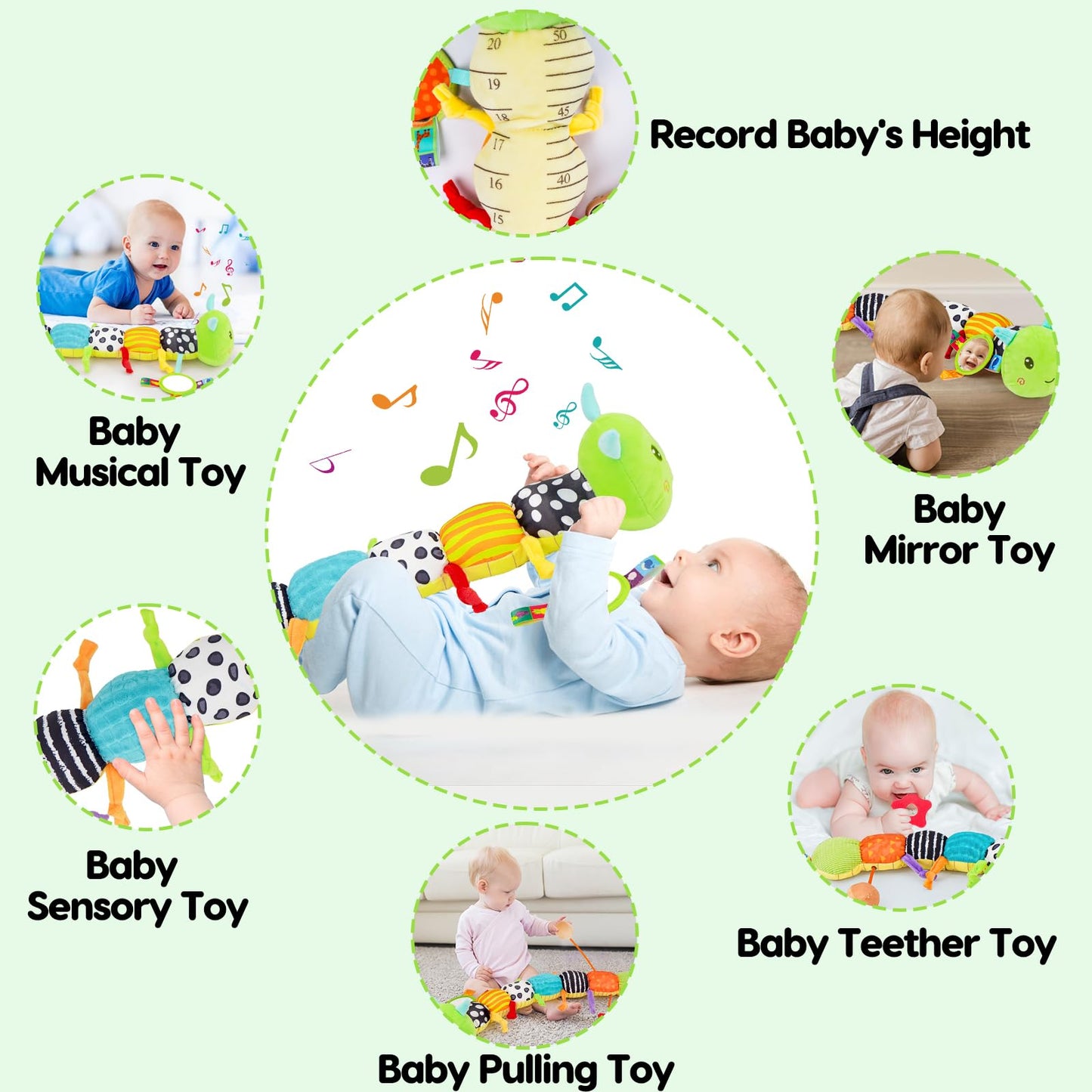 Baby Sensory Toy 0-6 Month Music Animal Stuffed Plush Caterpillar Toy for Infant 0-3-6-12 Month Old Tummy Time with Mirror Crinkle Rattle Toys for Newborn Boys Girl Shower Gifts Easter Basket Stuffer