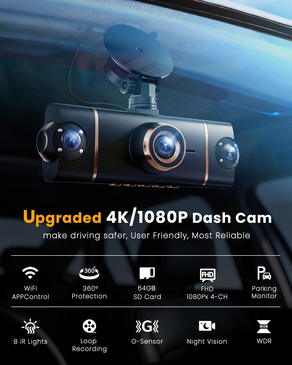 4 Channel 360° Dash Cam Front Rear Inside & Left Right,4K+1080P*3 FHD Car Camera,5GHz WiFi & App Control,8 IR Lamps Night Vision,24H Parking Mode,G-Sensor,Loop Recording,Includes 64GB SD Card（Black）