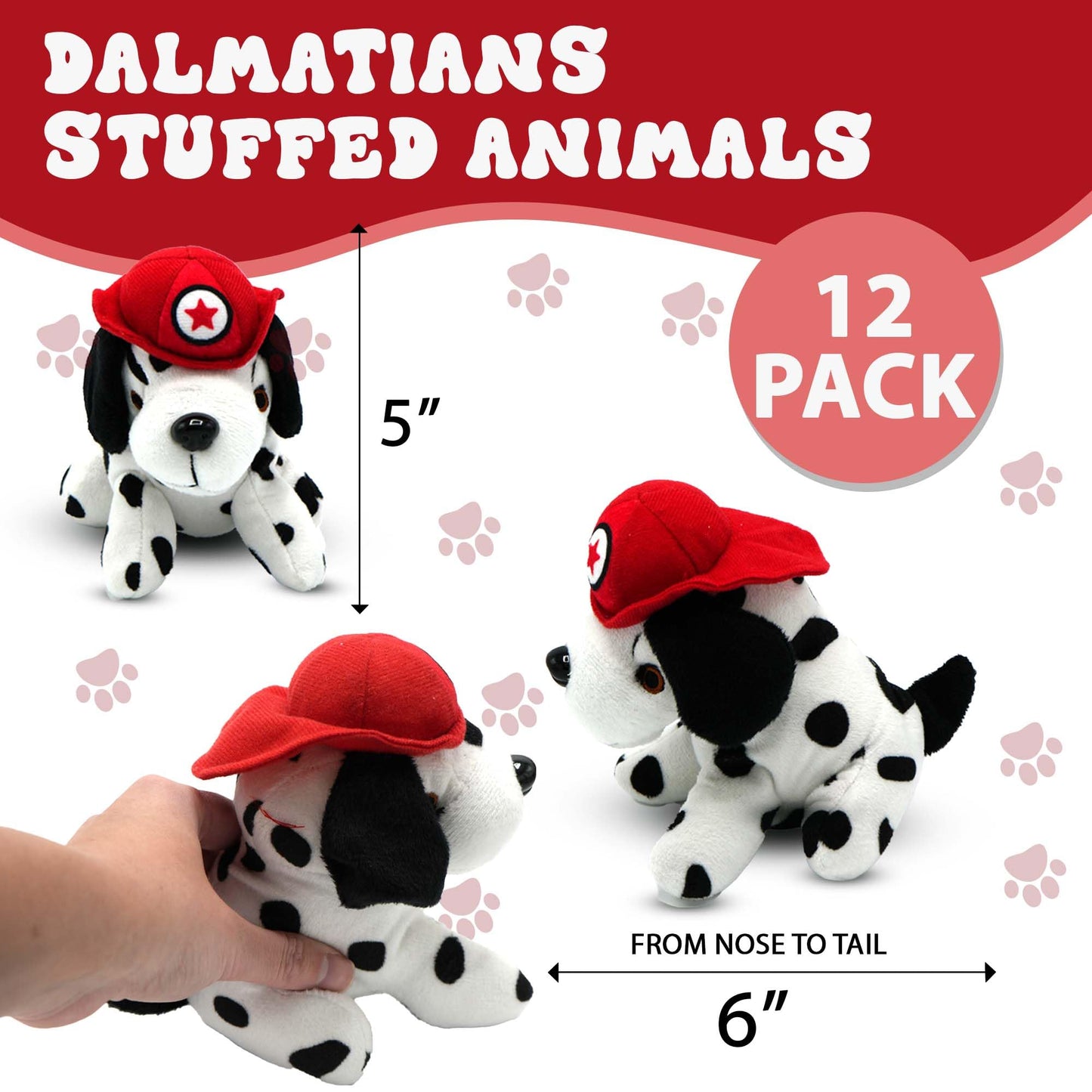 4E's Novelty 12 Pack Dalmatians Stuffed Animals - Soft Stuffed Dalmatian Dog Plush, 6” Small Dalmatian Puppy Plush with Fire Hat, Dalmatian Dog Toy for Kids, Birthday Party Favors