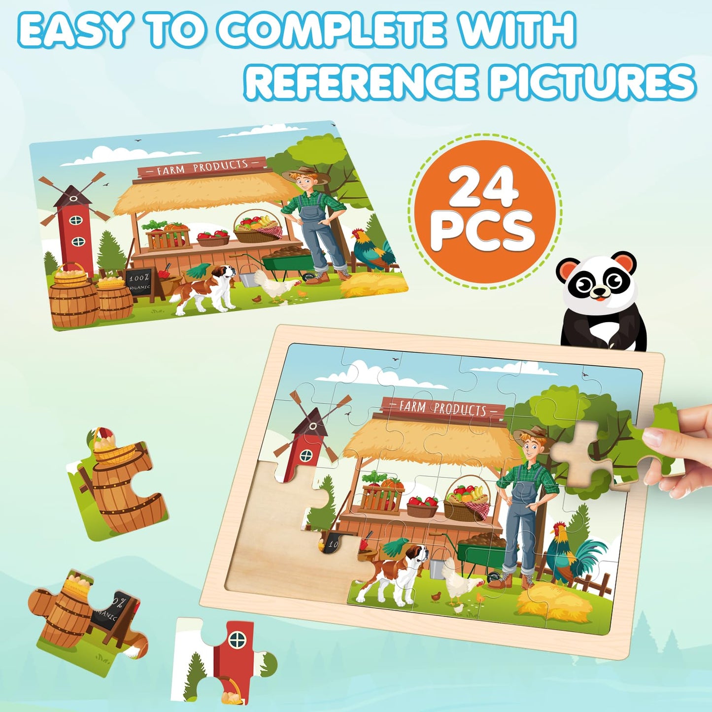 4-in-1 Farm Wooden Puzzles for Kids Ages 4-6, 24 PCS Wooden Jigsaw Puzzles for Toddlers Ages 3-5, Preschool Educational Puzzles Boards Toys Gifts for 3 4 5 6 Boys Girls